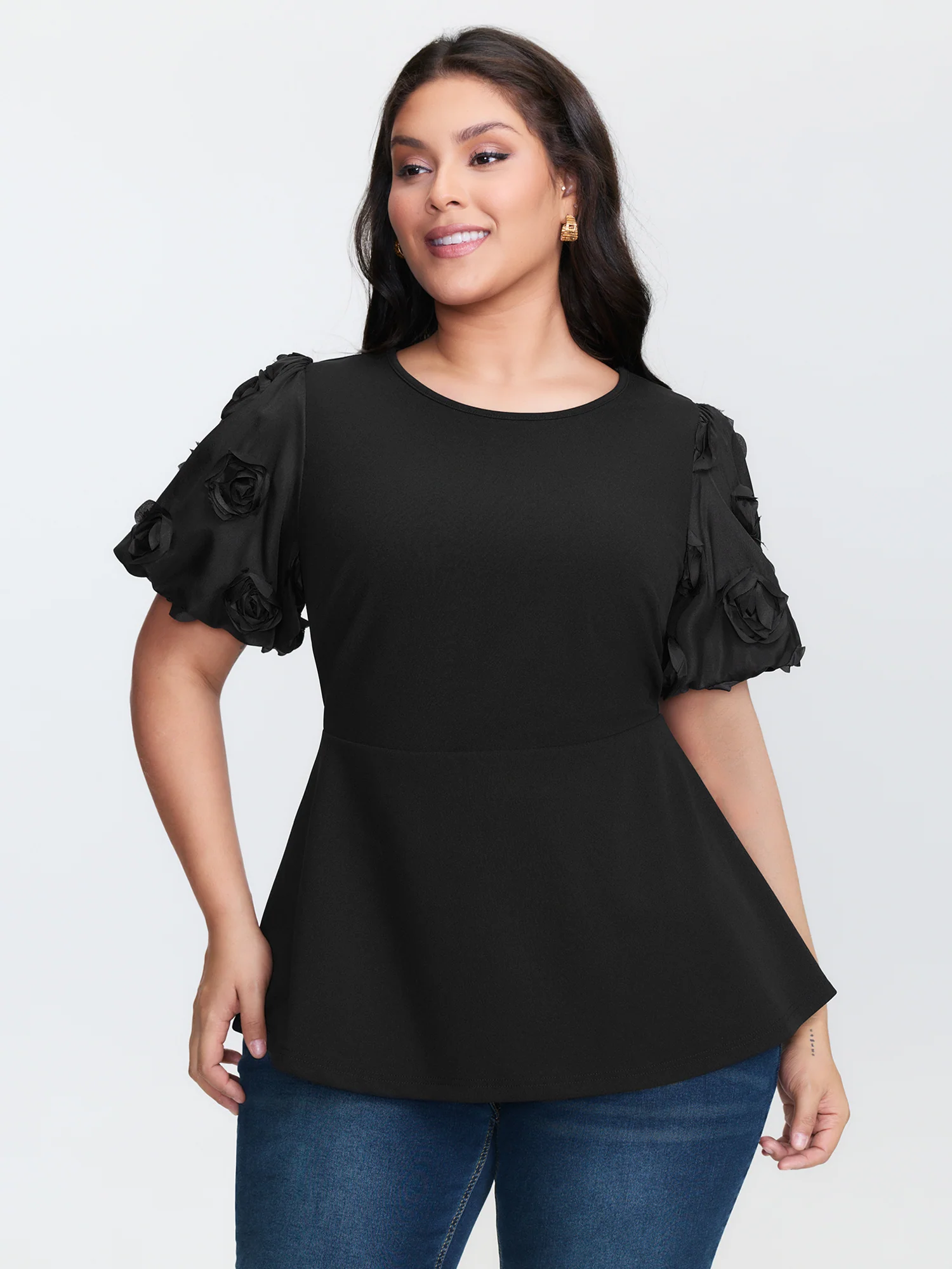 3D Textured Sleeve Cinched-Waist T-Shirt