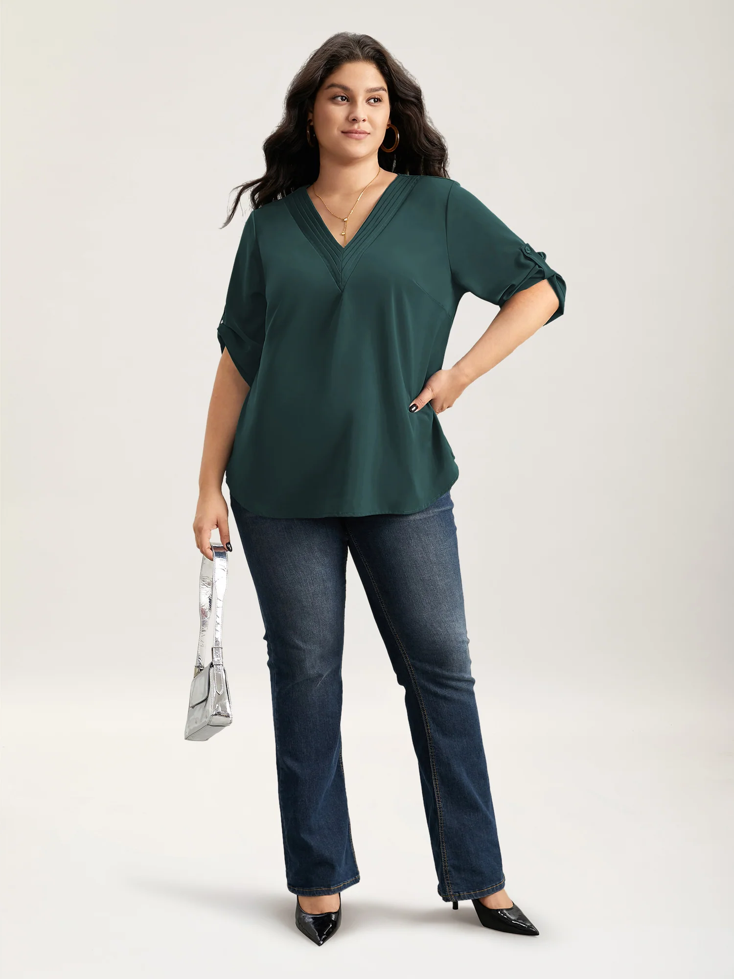 V Neck Plain Pleated Tab Sleeve Blouse - Image 3