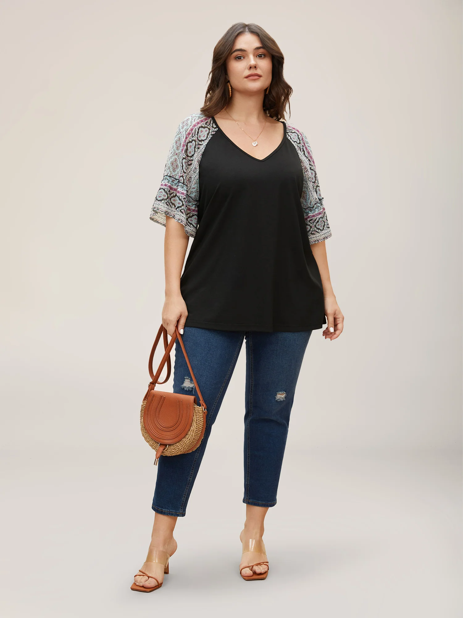 Boho Print Patchwork Raglan Sleeve T-shirt - Image 5