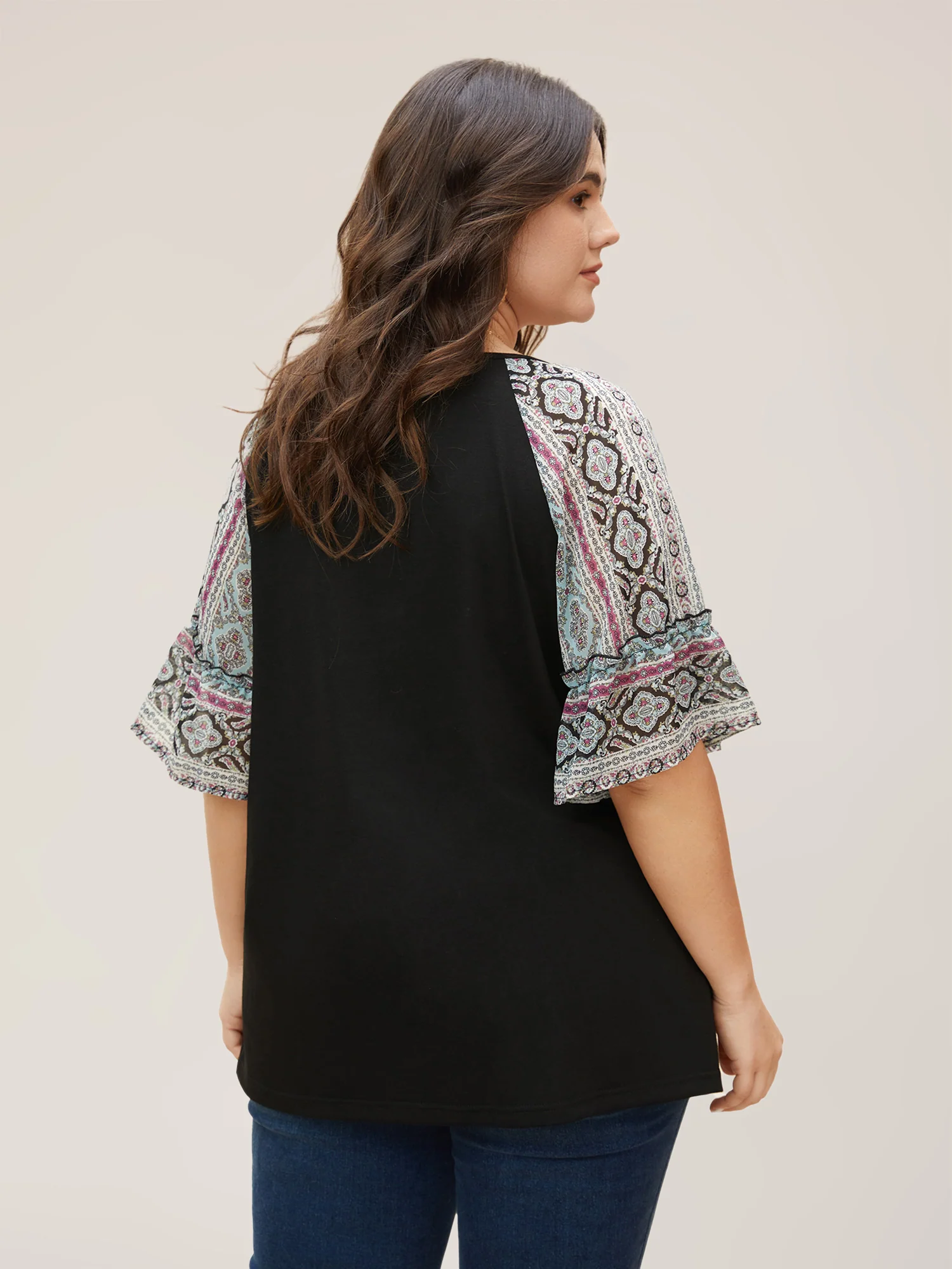 Boho Print Patchwork Raglan Sleeve T-shirt - Image 7
