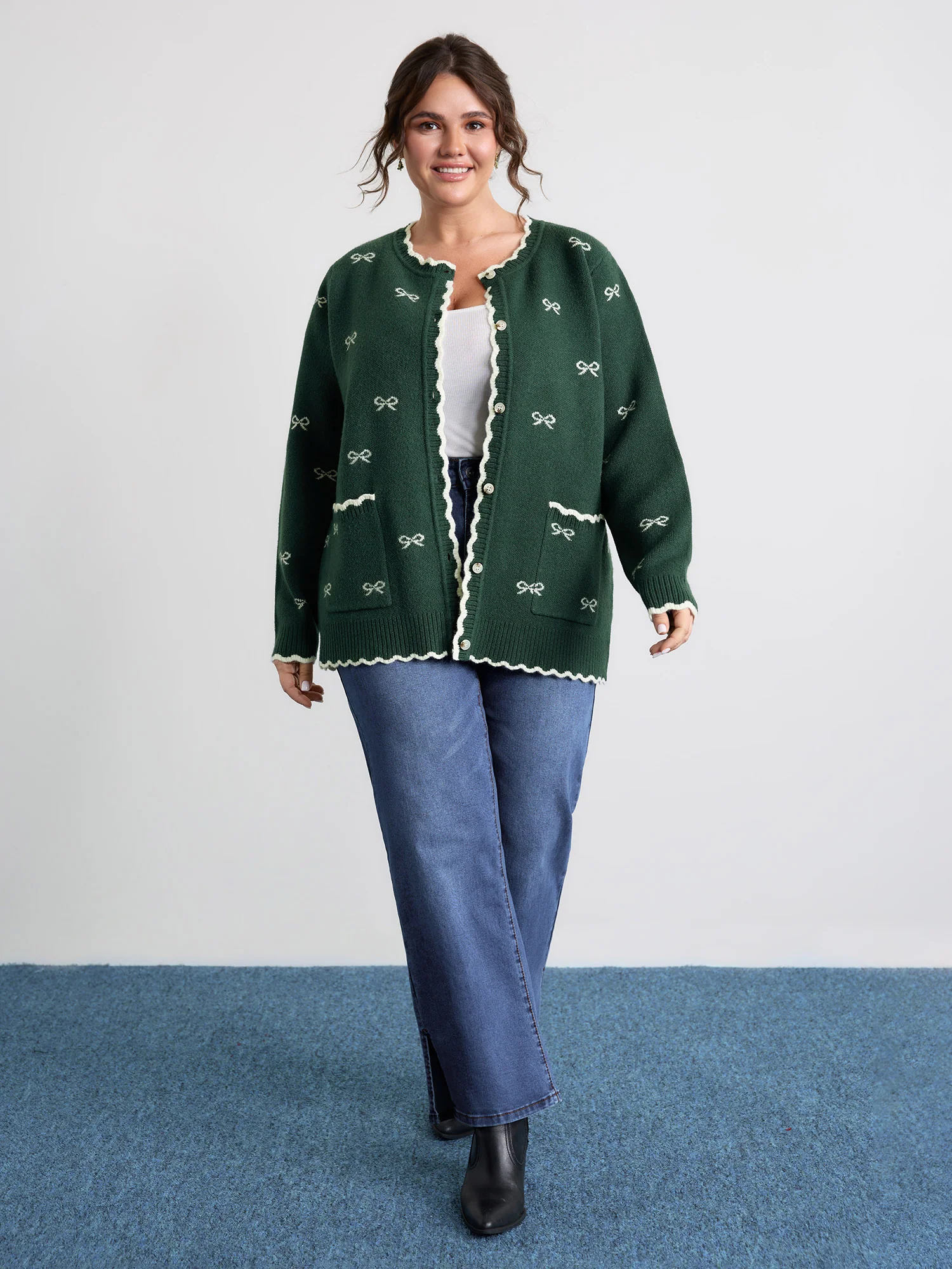 Bowknot Jacquard Wavy Edge Knit Cardigan - Image 3