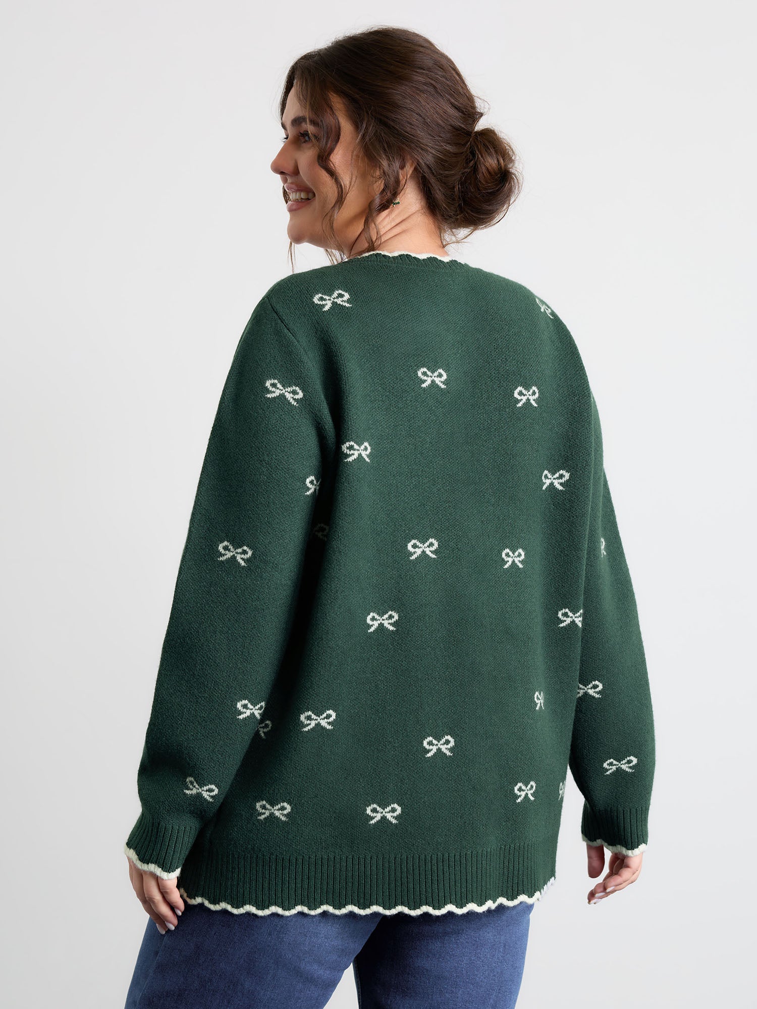 Bowknot Jacquard Wavy Edge Knit Cardigan - Image 4