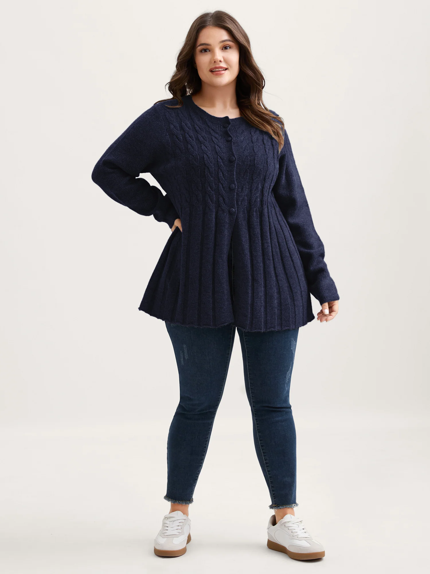Cable Knit Round Neck Button Knit Cardigan - Image 3