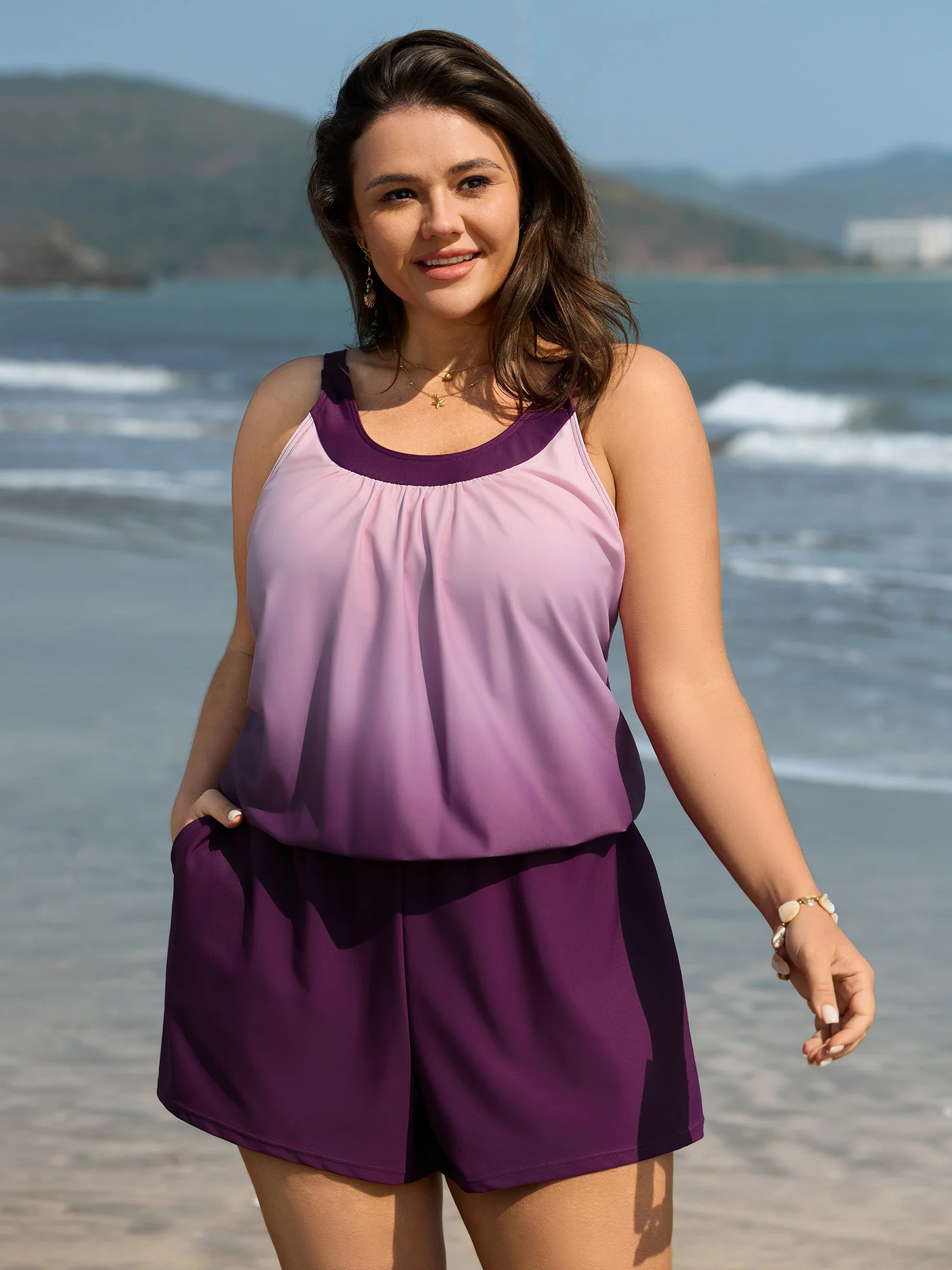 Color Gradient Adjustable Pockets One-Piece Swimsuit