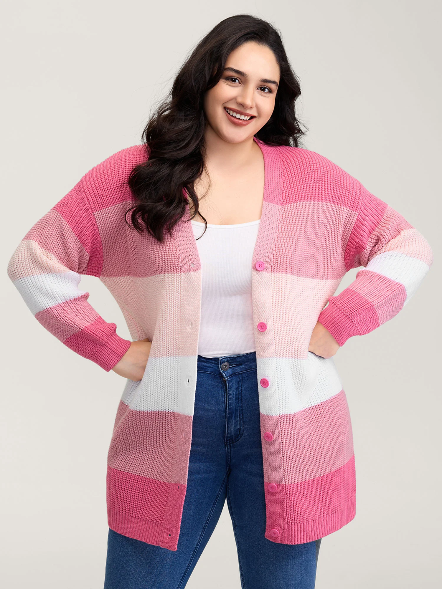 Colorblock Contrast Texture Button Cardigan - Image 5