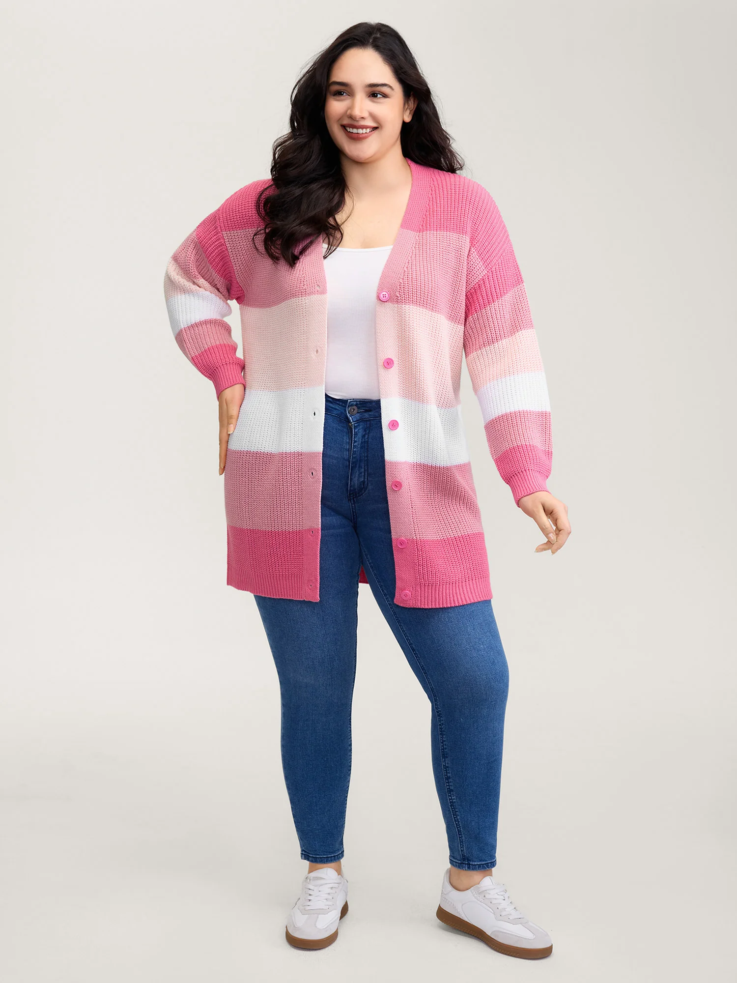 Colorblock Contrast Texture Button Cardigan - Image 7