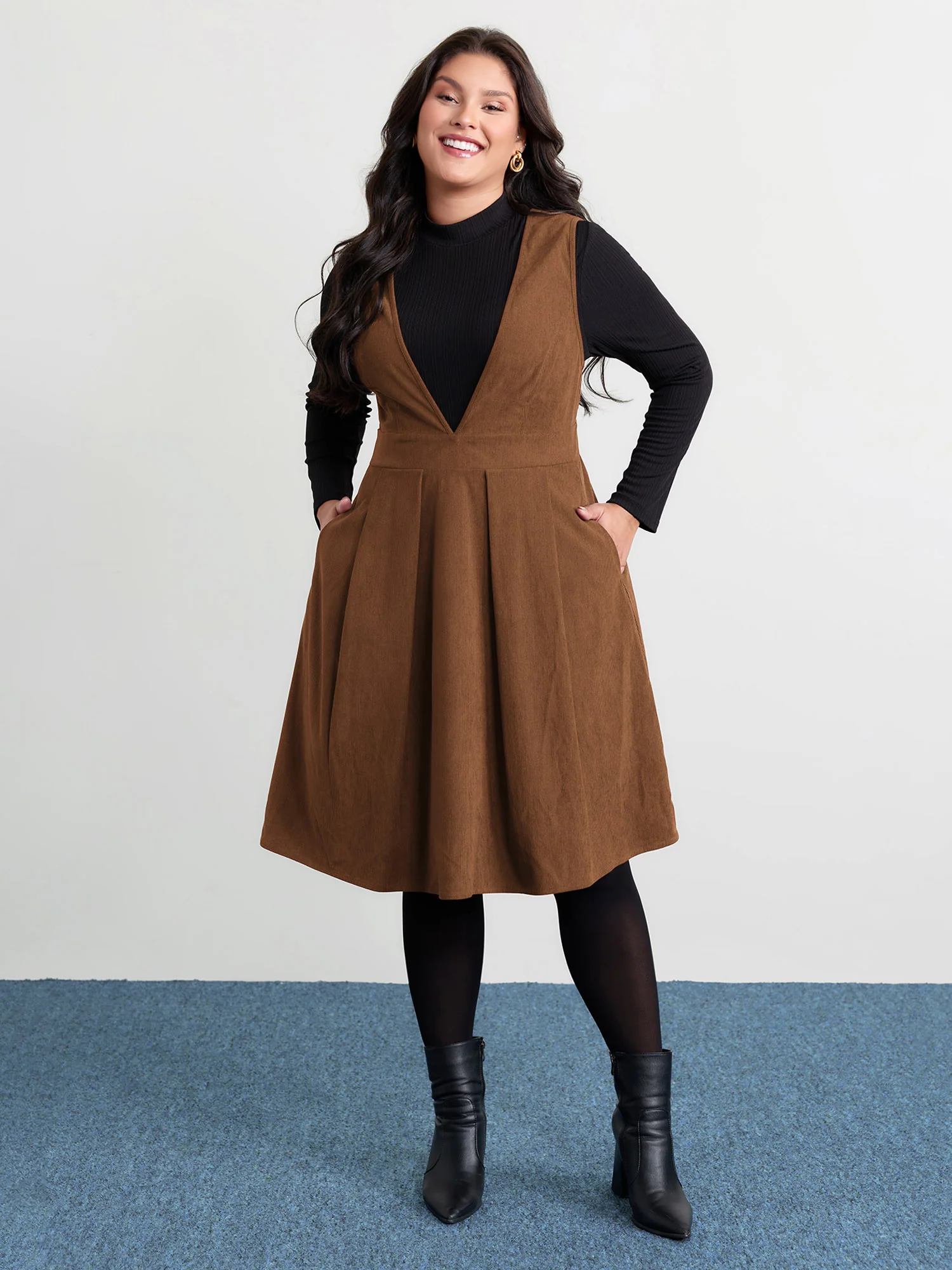 Corduroy Stretchy Waist V-Neck Mini Dress - Image 24
