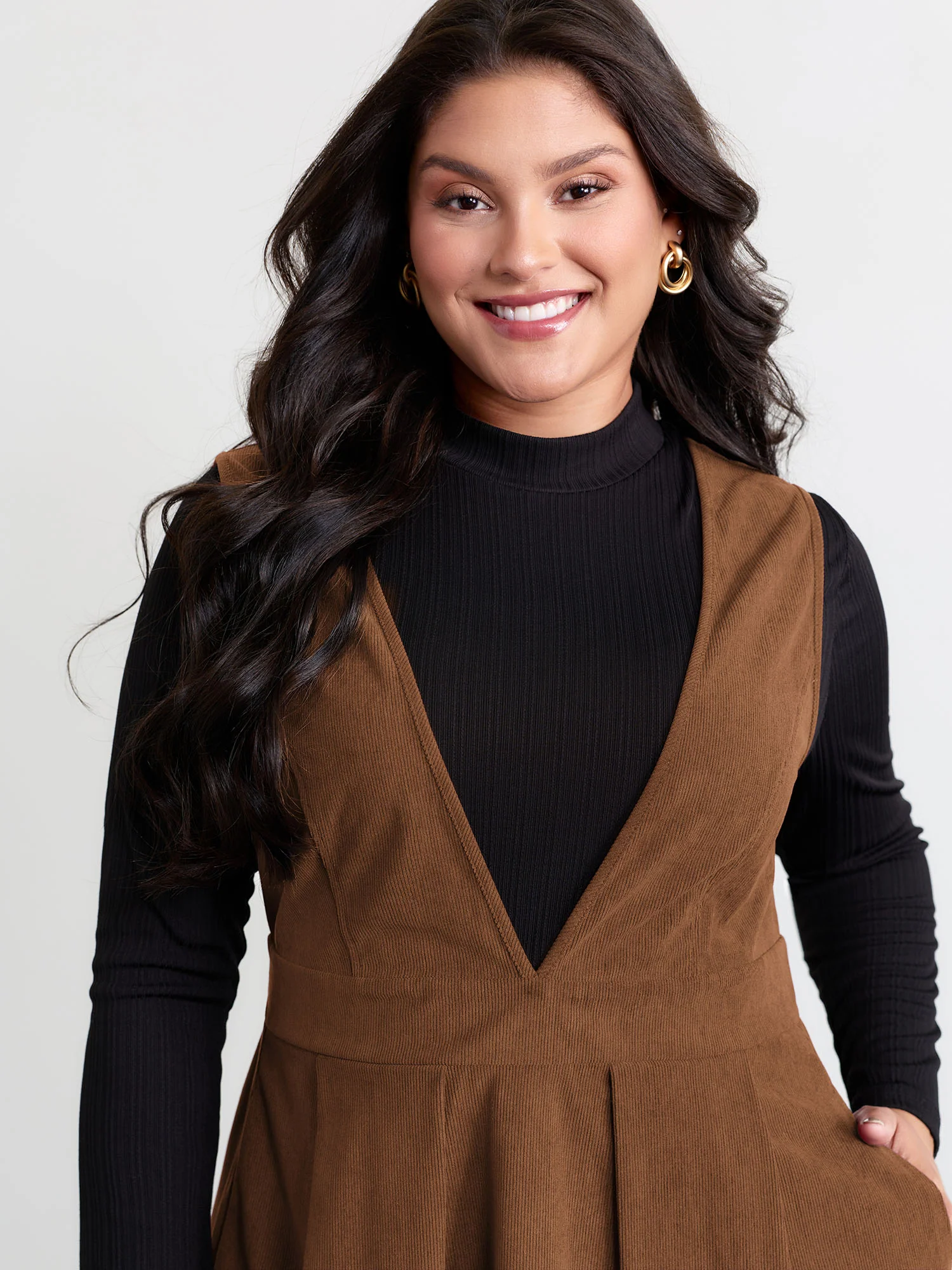 Corduroy Stretchy Waist V-Neck Mini Dress - Image 25