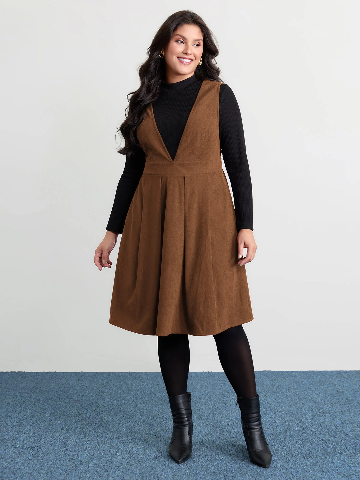 Corduroy Stretchy Waist V-Neck Mini Dress - Image 26