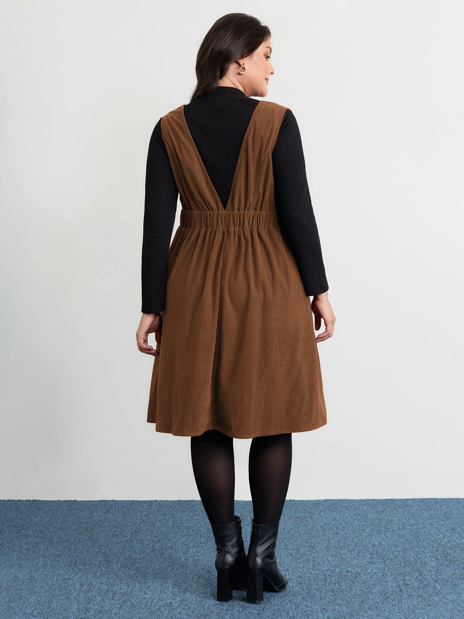 Corduroy Stretchy Waist V-Neck Mini Dress - Image 28