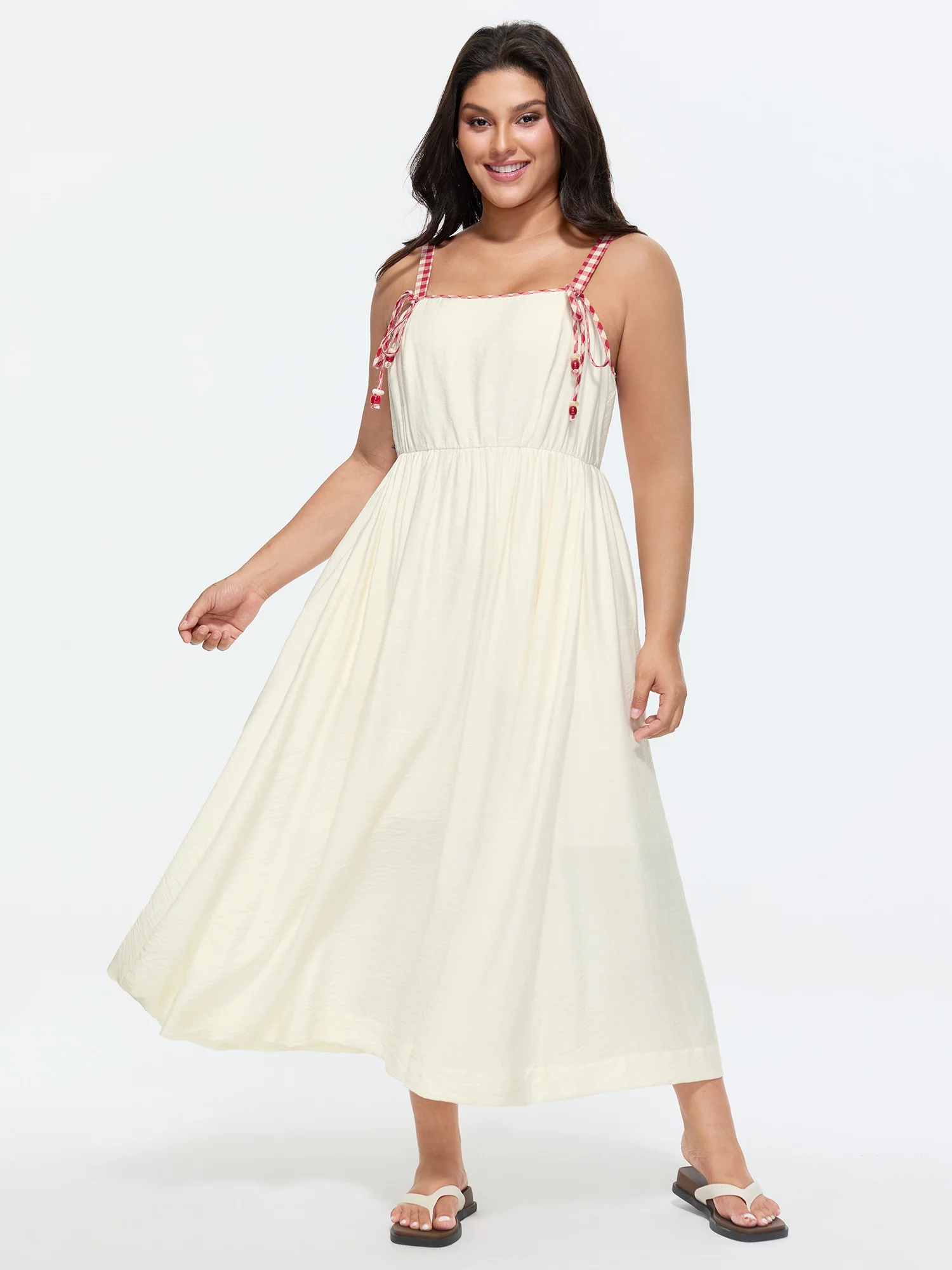 Cotton Color Contrast Shoulder Tie Maxi Dress