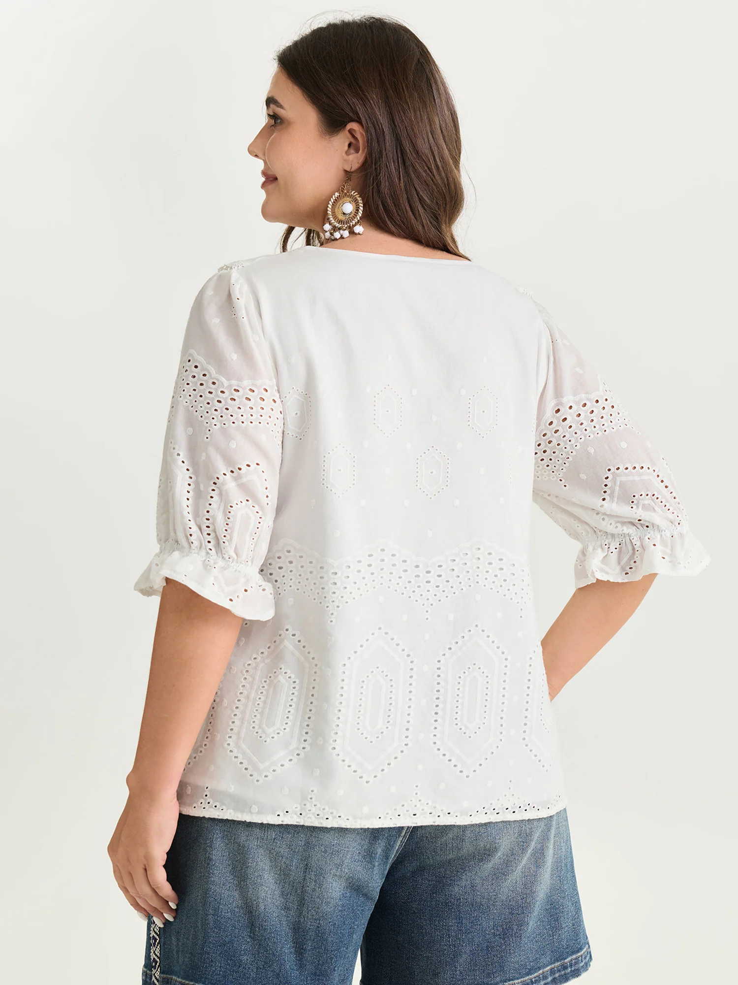 Cotton Cut-Out Lotus Leaf Neckline Blouse - Image 4