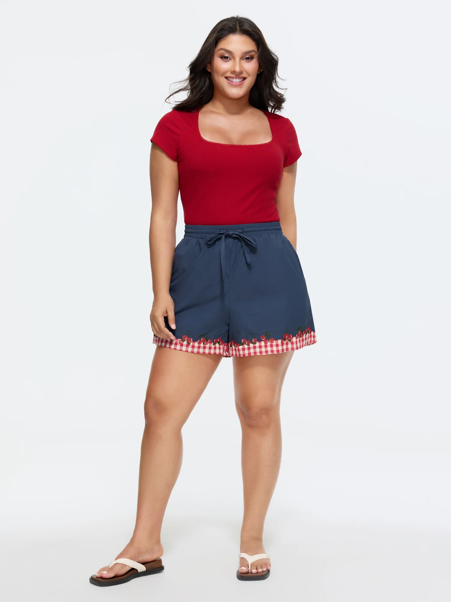 Cotton Gingham Print Contrast Hem Shorts