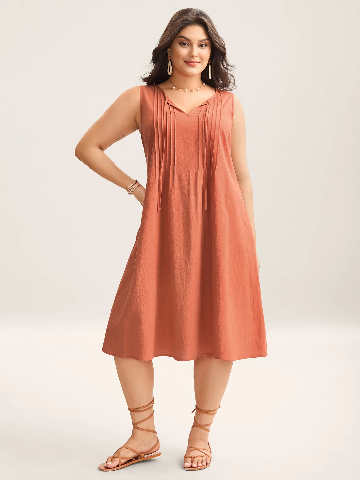 Cotton Toothpick Pleat Plain Midi Dress - Image 3