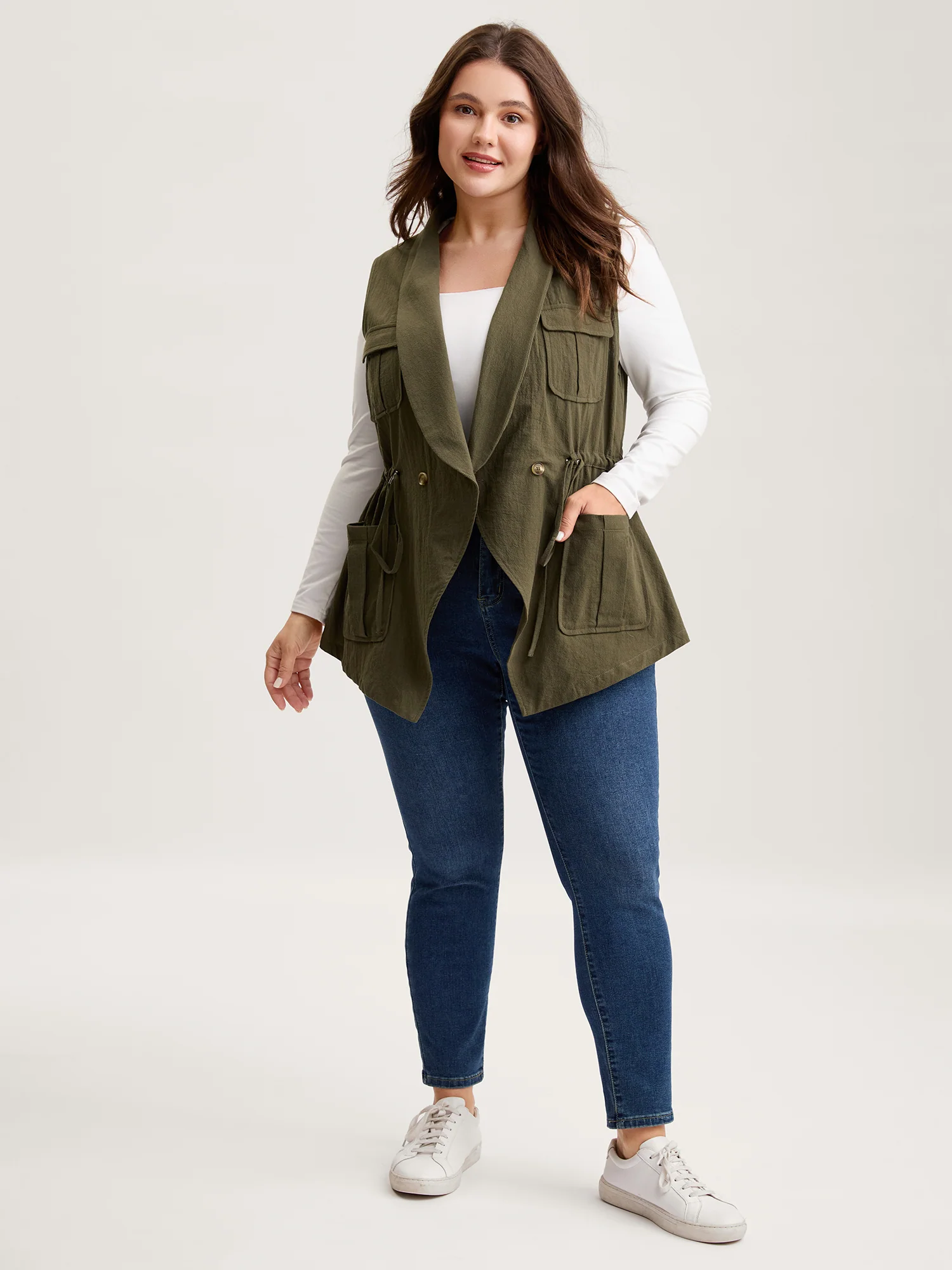 Cotton Waist Defining Drawstring Pocket Vest - Image 3