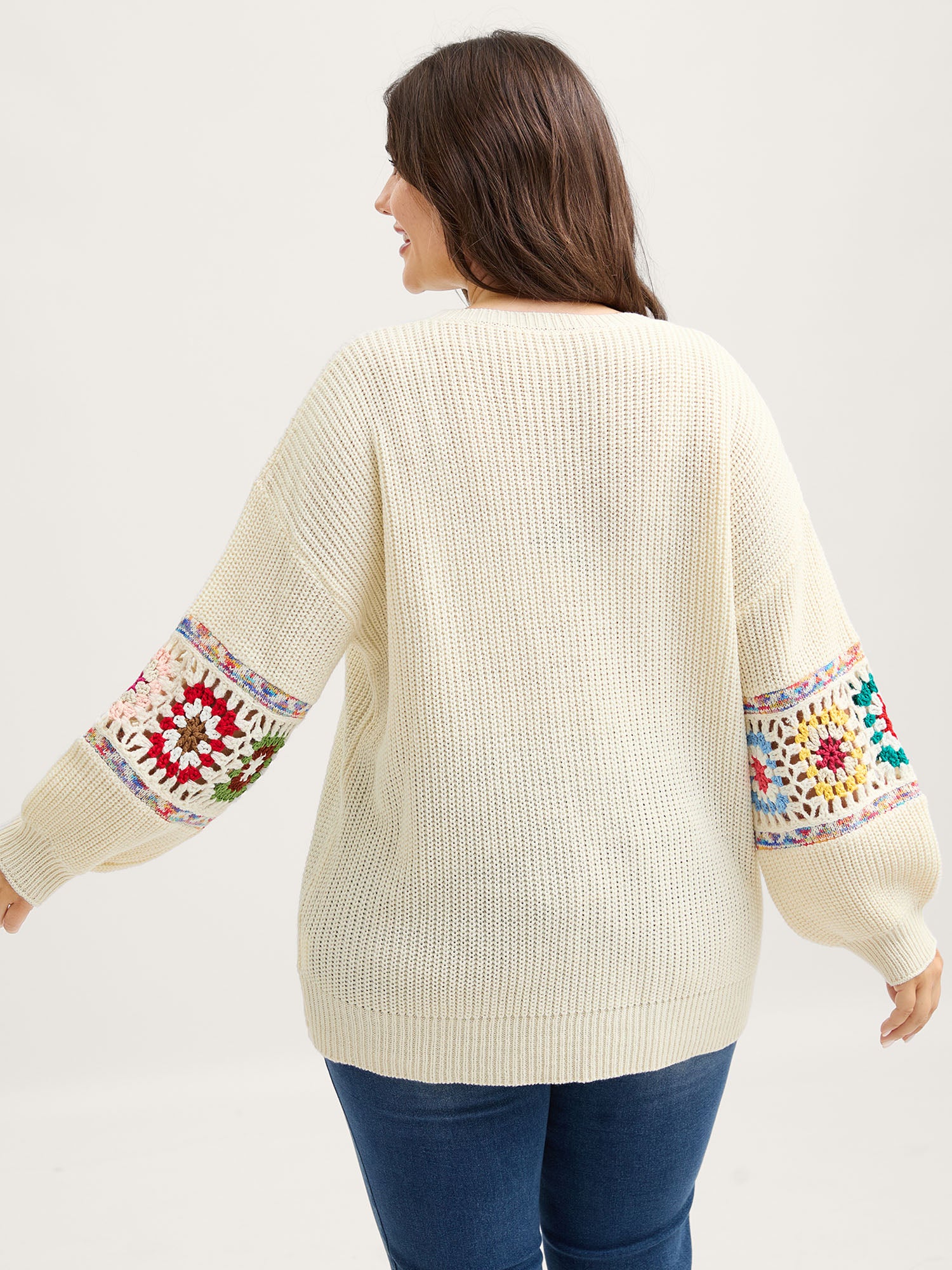 Crochet Floral Sleeve Lace Trim Pullover - Image 8