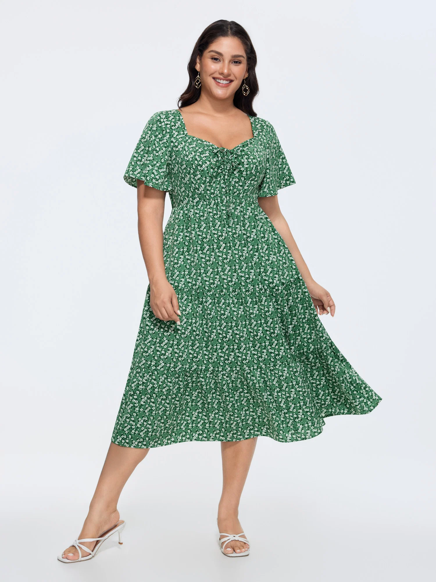 Ditsy Floral Sweetheart Drawstring Pocket Tiered Dress - Image 21