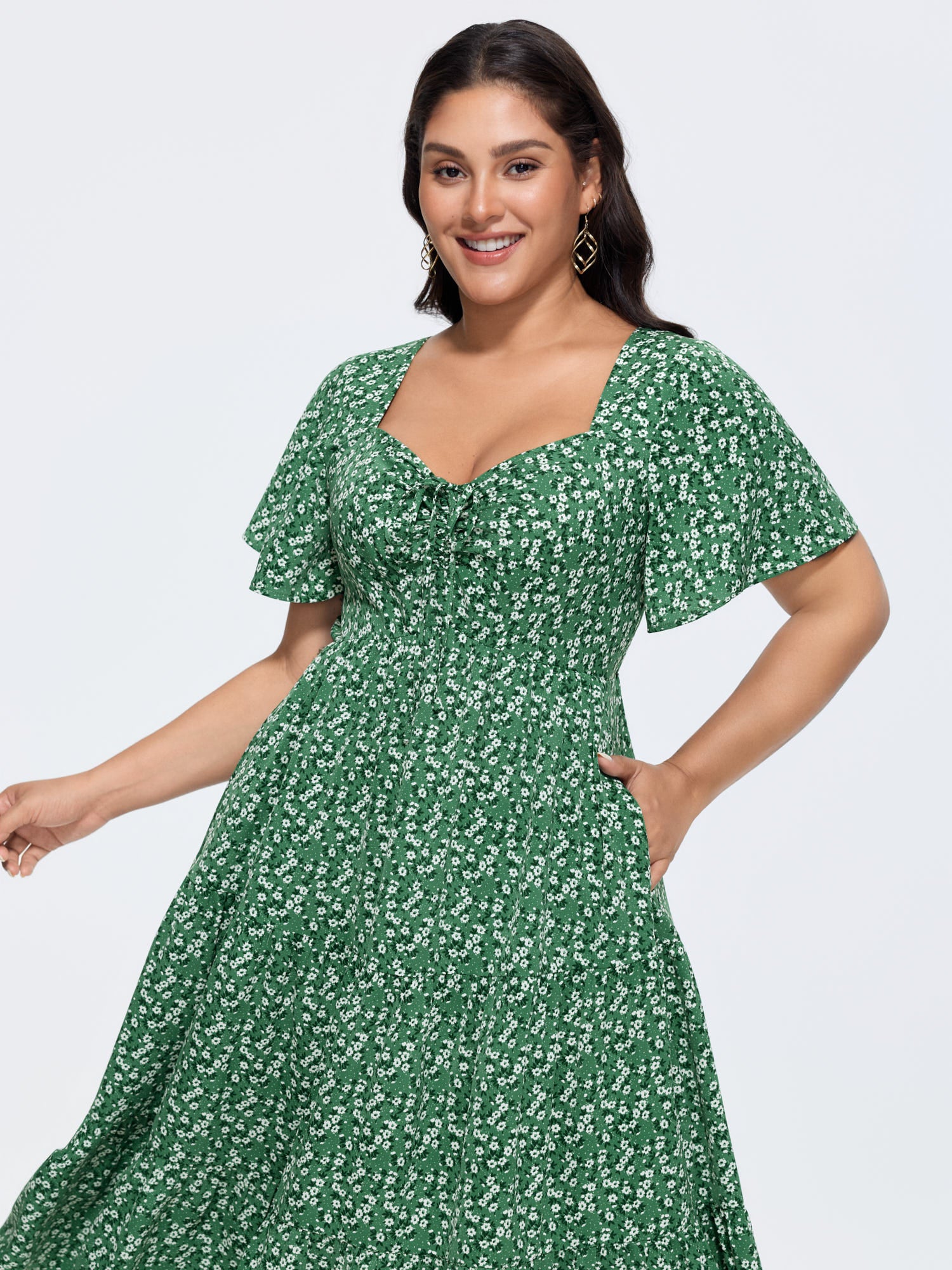 Ditsy Floral Sweetheart Drawstring Pocket Tiered Dress - Image 22