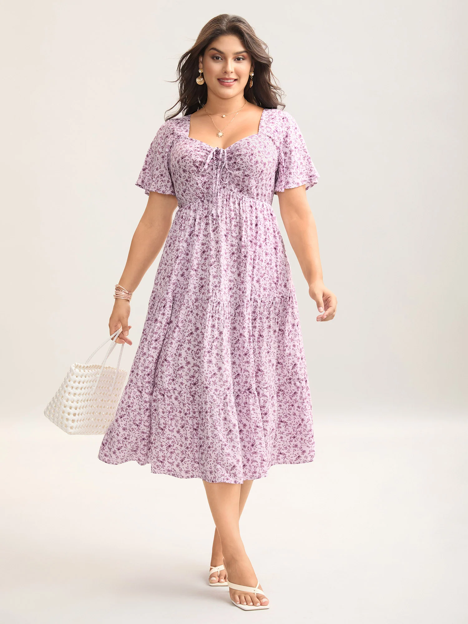 Ditsy Floral Sweetheart Drawstring Pocket Tiered Dress - Image 26