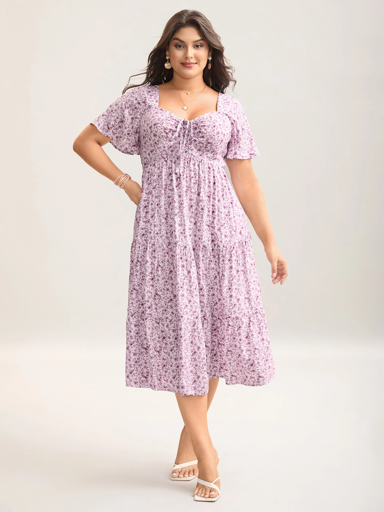 Ditsy Floral Sweetheart Drawstring Pocket Tiered Dress - Image 28