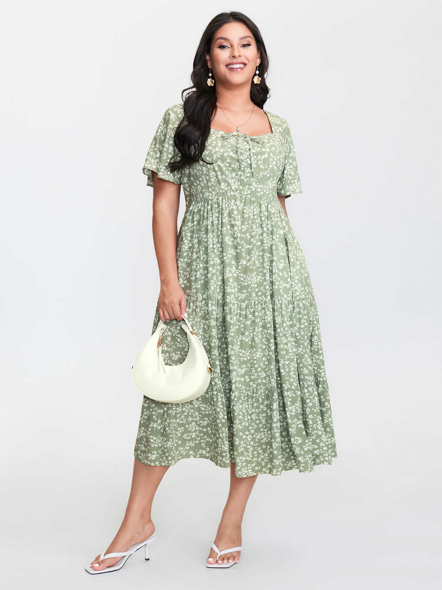 Ditsy Floral Sweetheart Drawstring Pocket Tiered Dress - Image 32