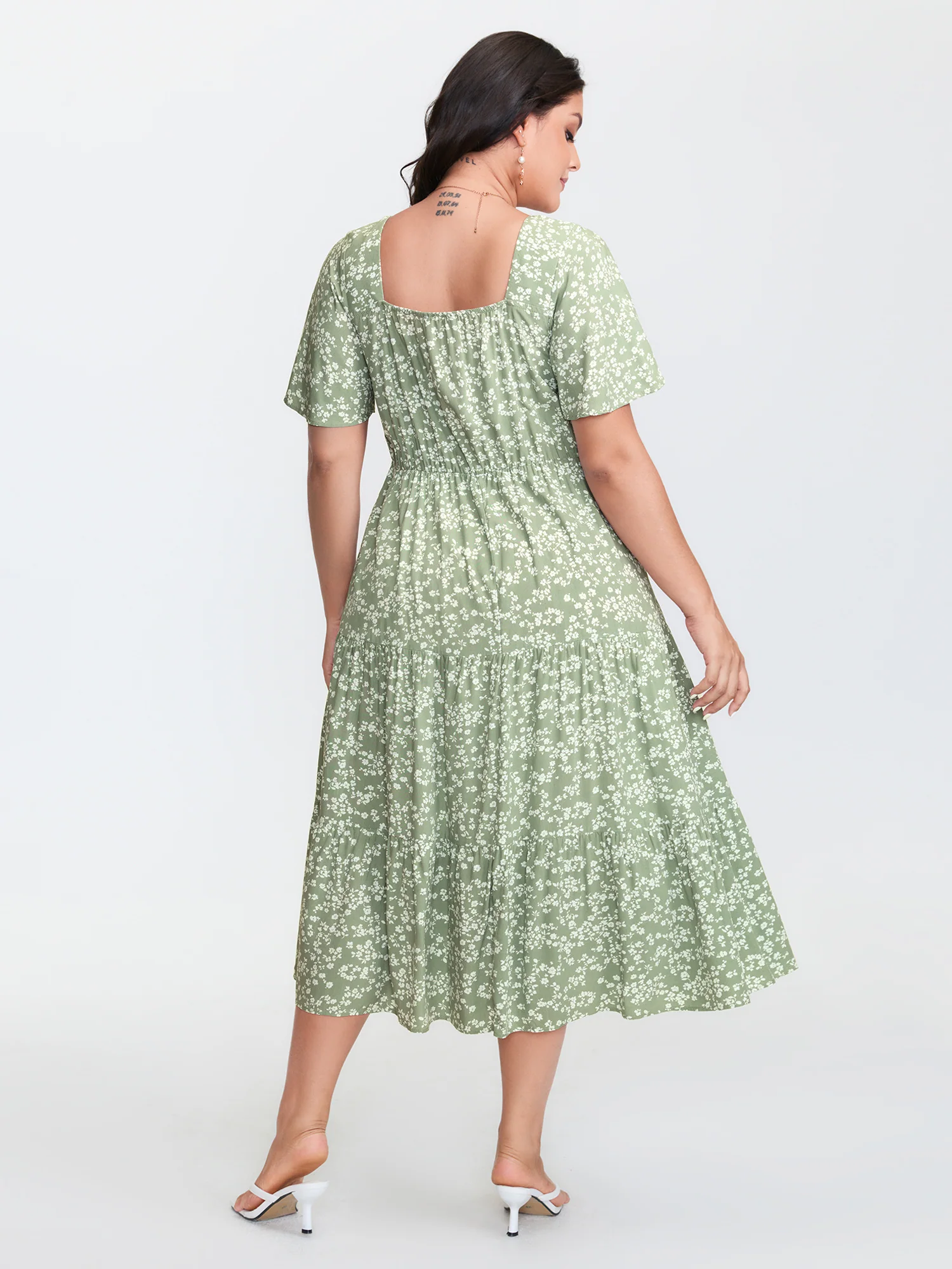 Ditsy Floral Sweetheart Drawstring Pocket Tiered Dress - Image 33