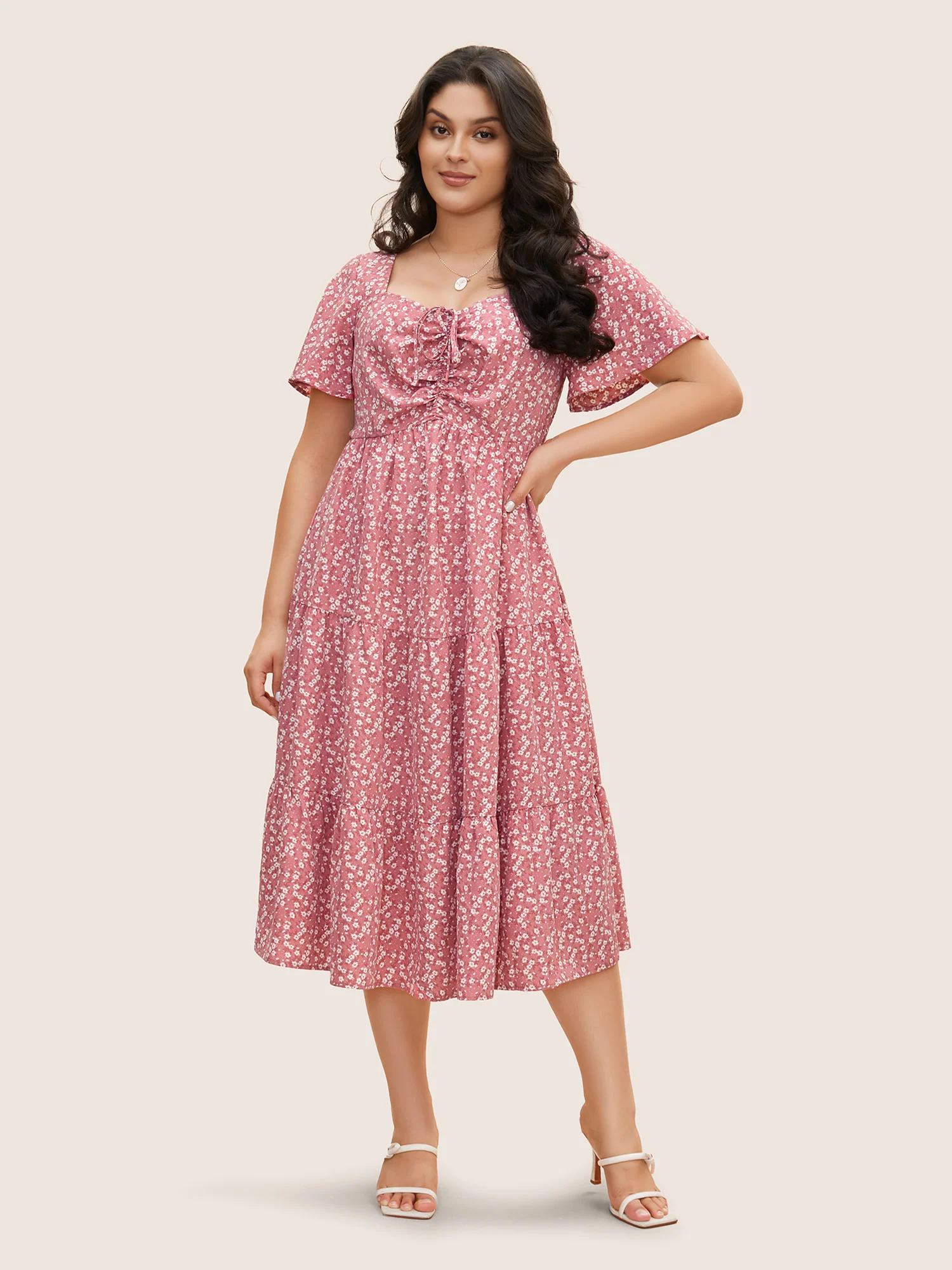 Ditsy Floral Sweetheart Drawstring Pocket Tiered Dress - Image 34