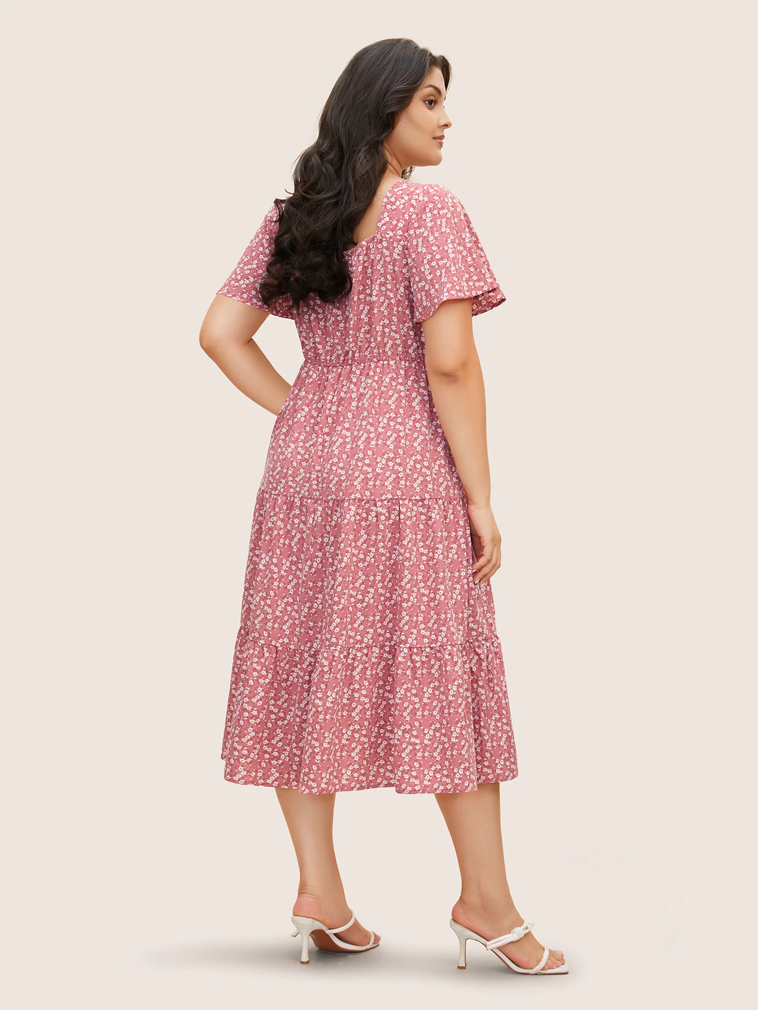 Ditsy Floral Sweetheart Drawstring Pocket Tiered Dress - Image 35