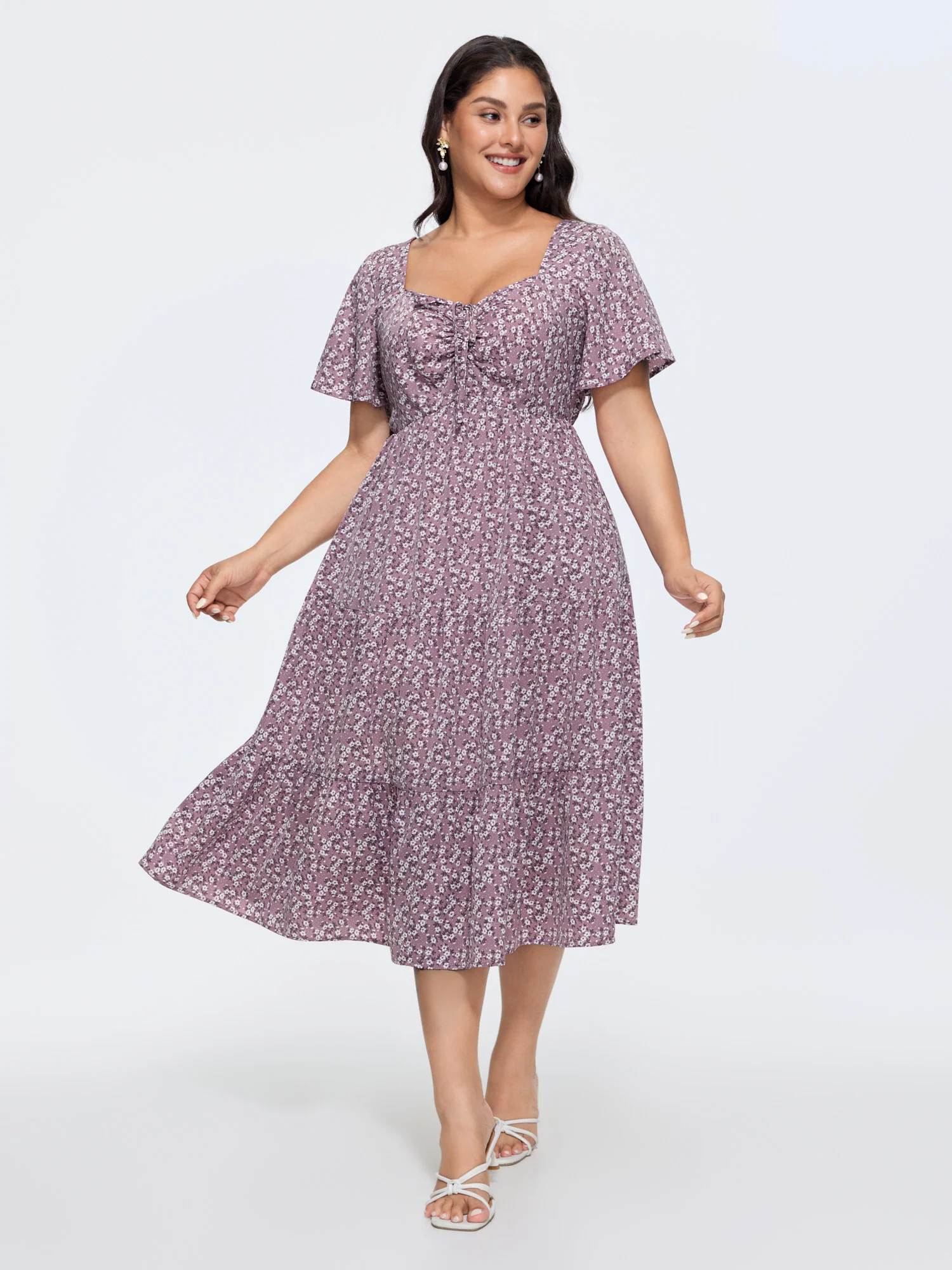 Ditsy Floral Sweetheart Drawstring Pocket Tiered Dress - Image 36