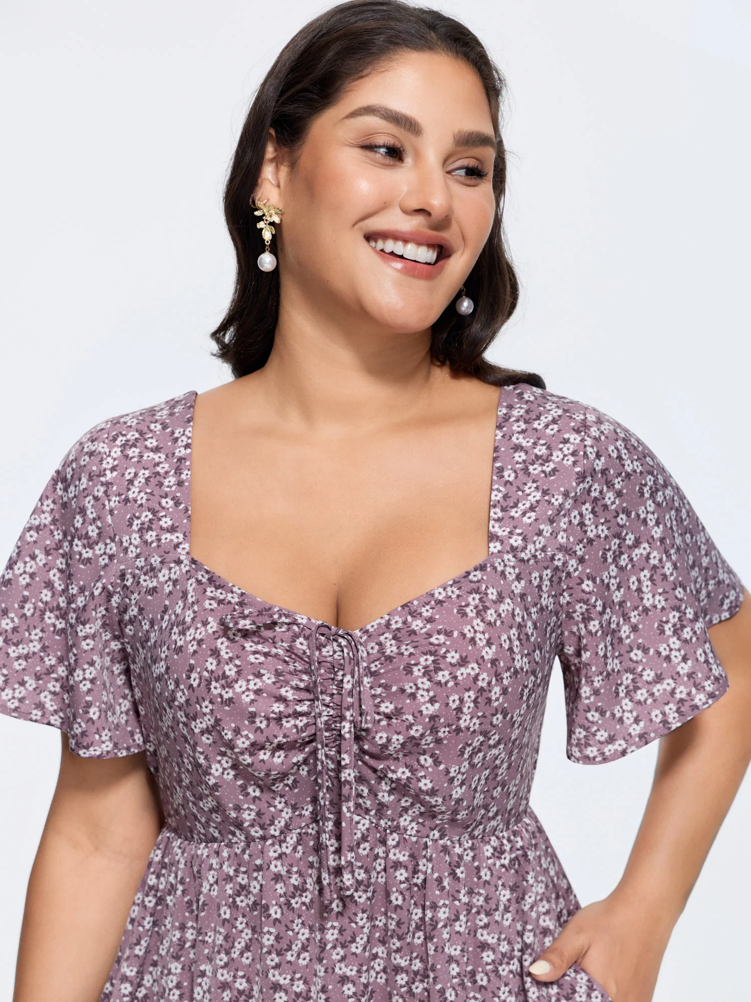 Ditsy Floral Sweetheart Drawstring Pocket Tiered Dress - Image 37