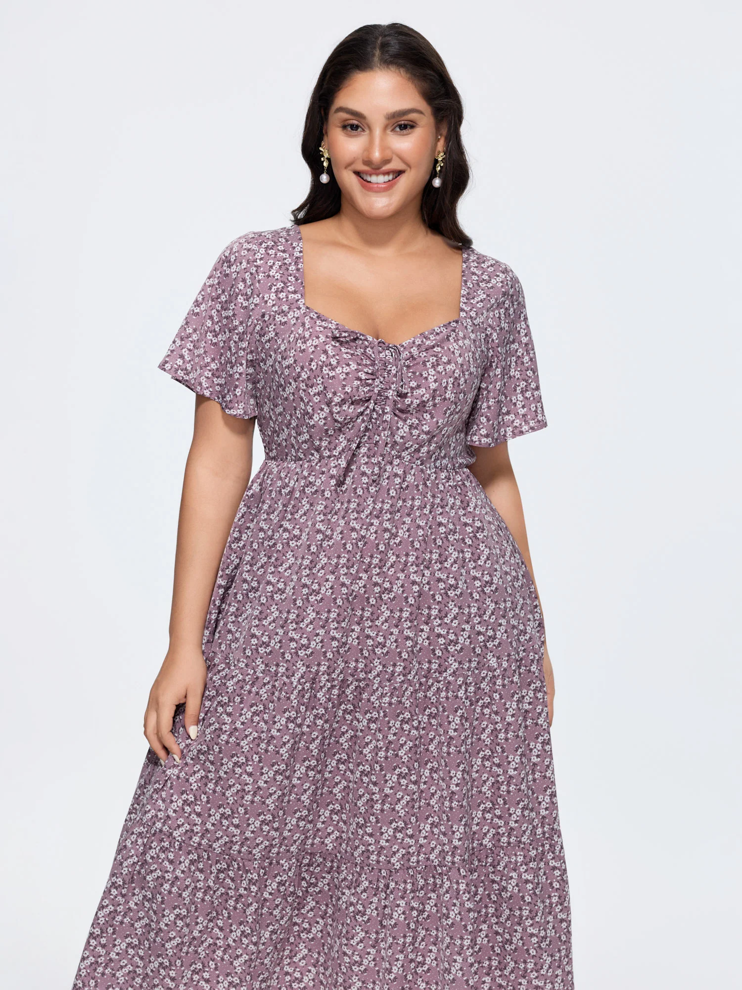 Ditsy Floral Sweetheart Drawstring Pocket Tiered Dress - Image 38
