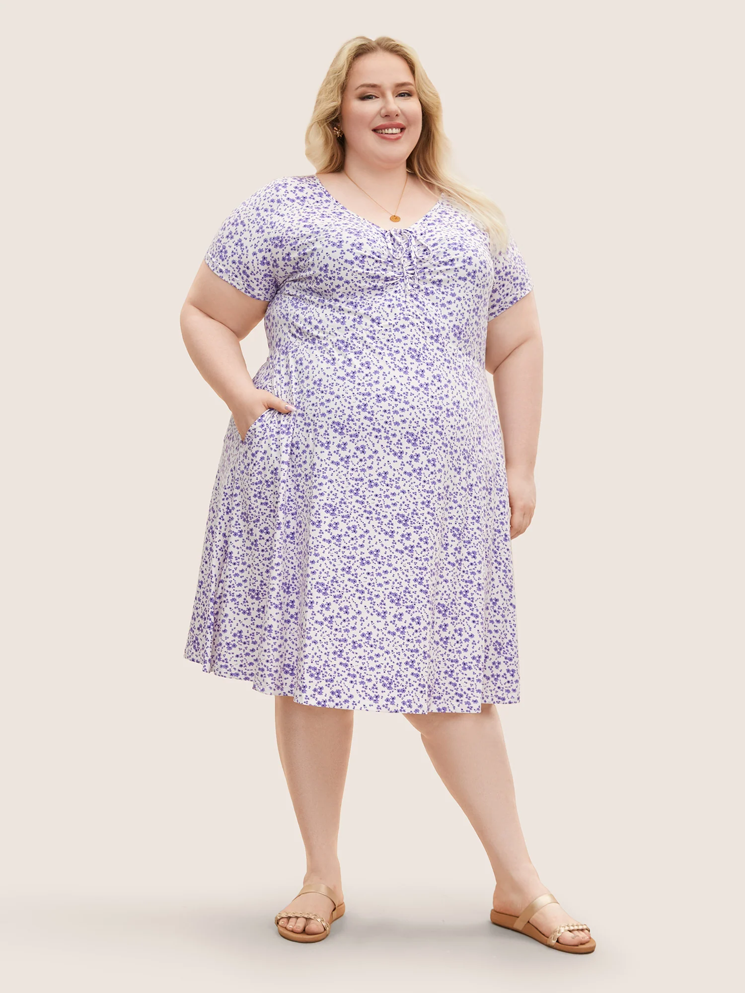 Ditsy Floral Elastic Waist Knot Drawstring Dress - Image 5
