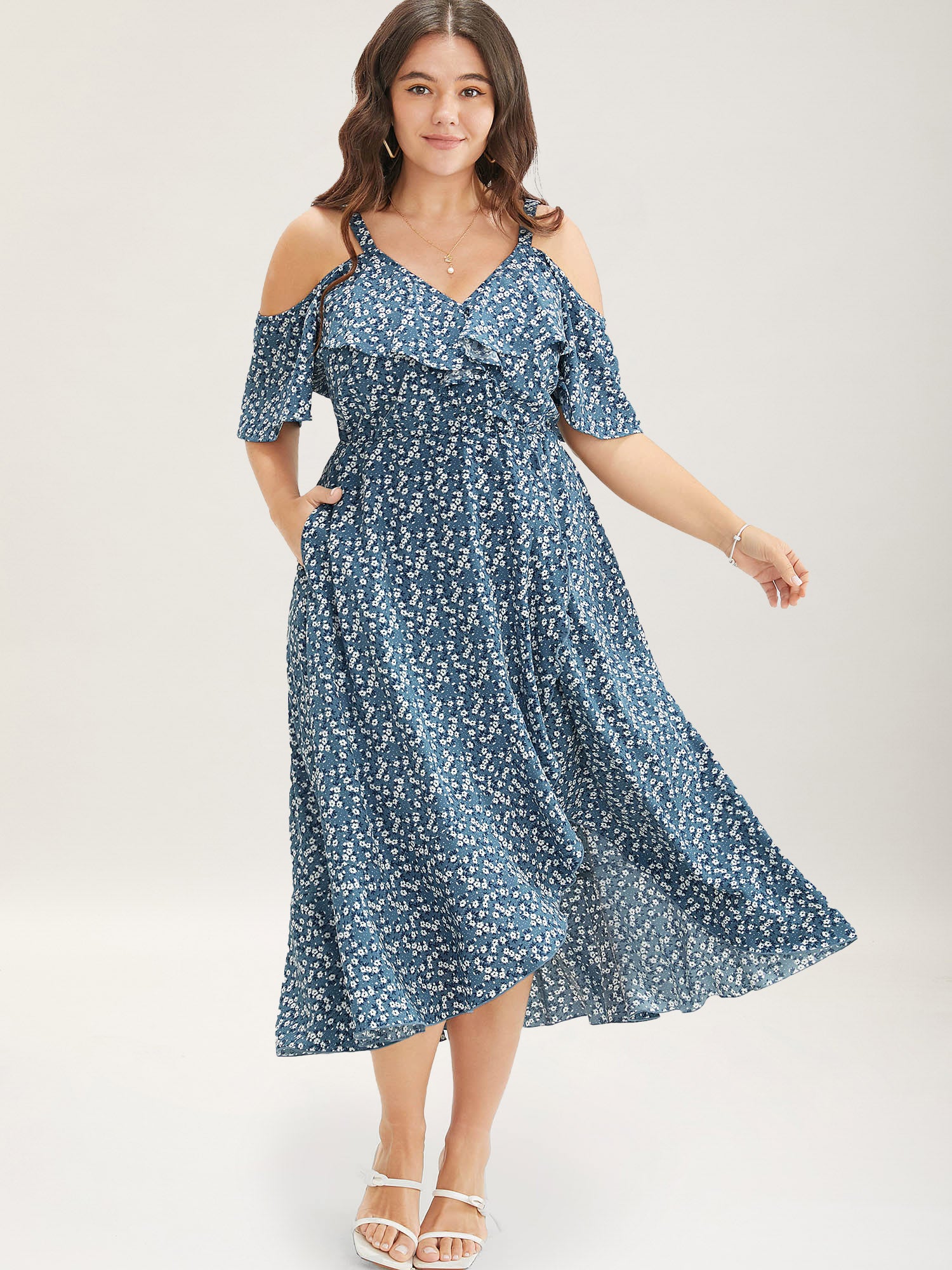 Ditsy Floral Pocket Wrap Cold Shoulder Ruffle Dress - Image 10