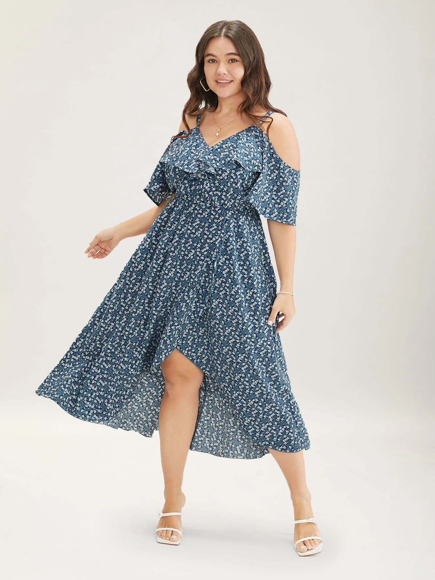Ditsy Floral Pocket Wrap Cold Shoulder Ruffle Dress - Image 11
