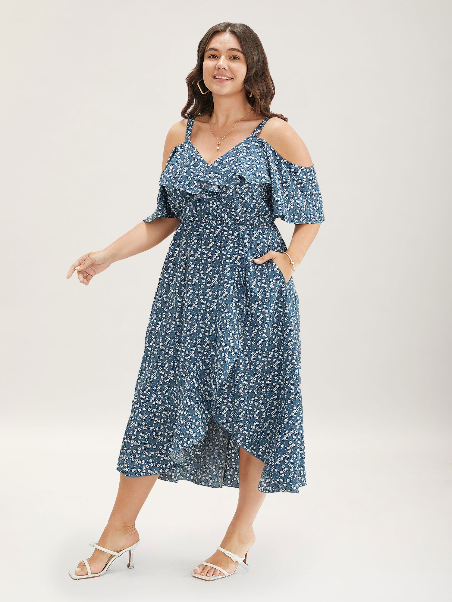 Ditsy Floral Pocket Wrap Cold Shoulder Ruffle Dress - Image 12