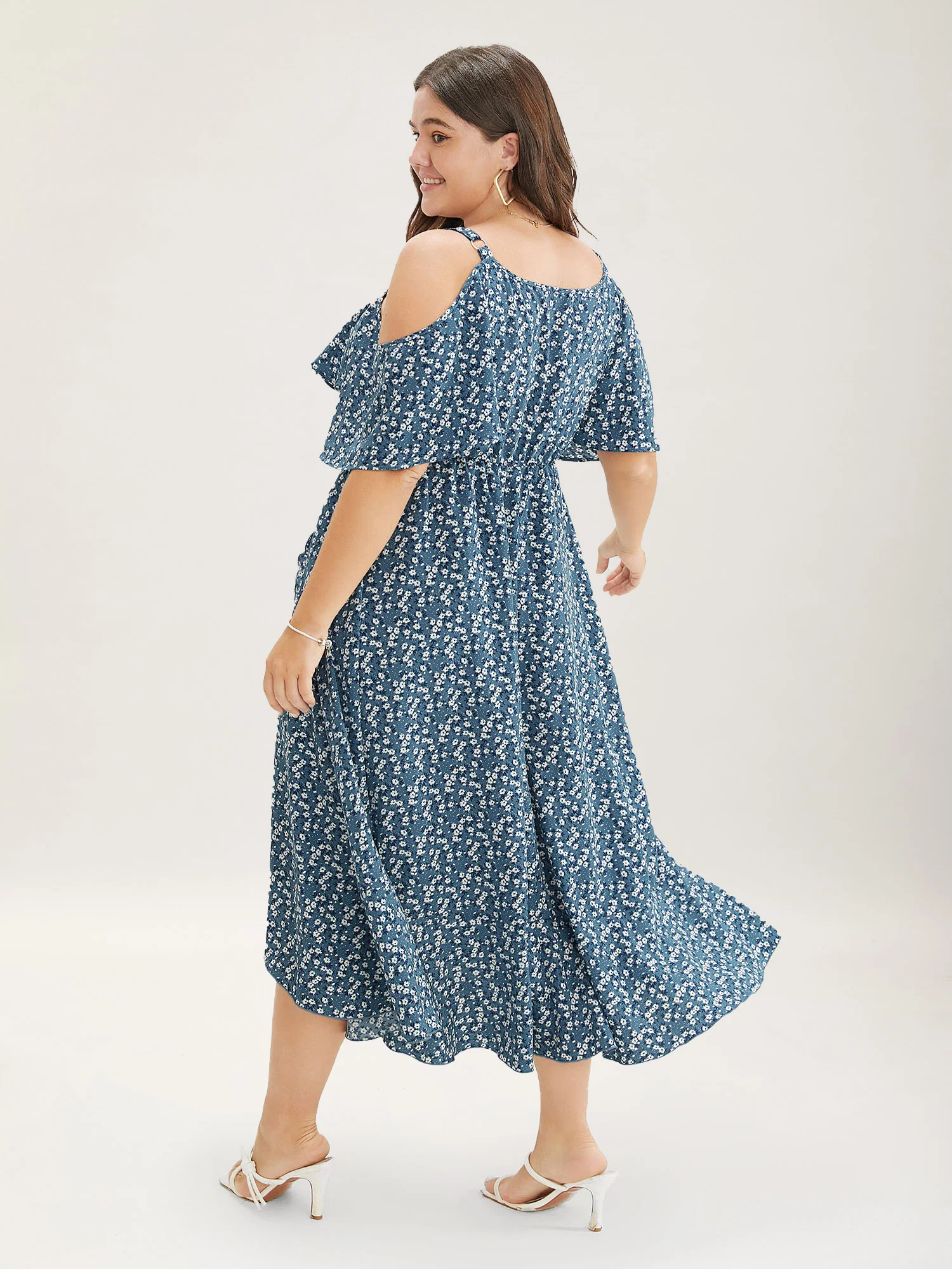 Ditsy Floral Pocket Wrap Cold Shoulder Ruffle Dress - Image 13