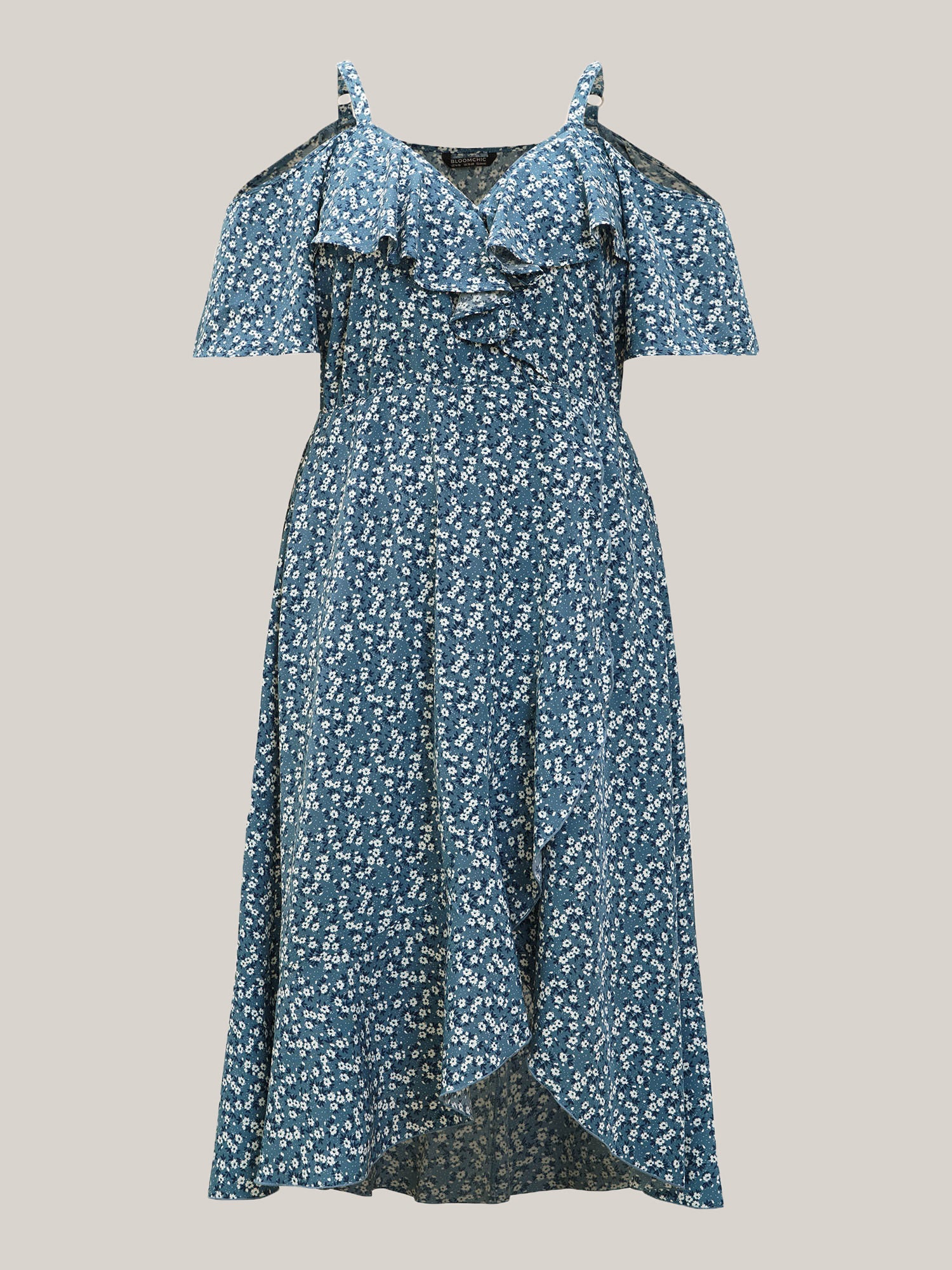Ditsy Floral Pocket Wrap Cold Shoulder Ruffle Dress - Image 18