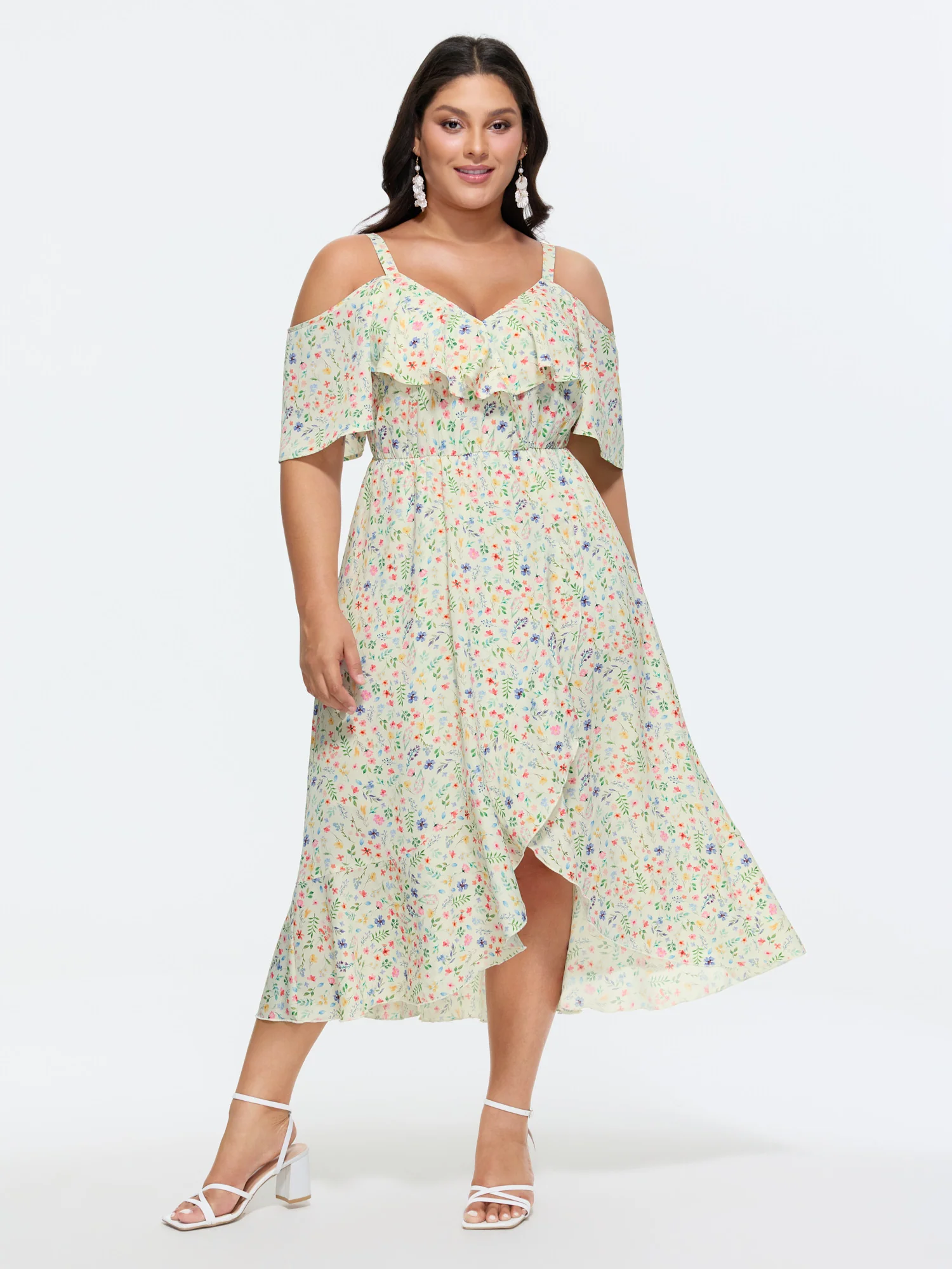 Ditsy Floral Pocket Wrap Cold Shoulder Ruffle Dress - Image 19