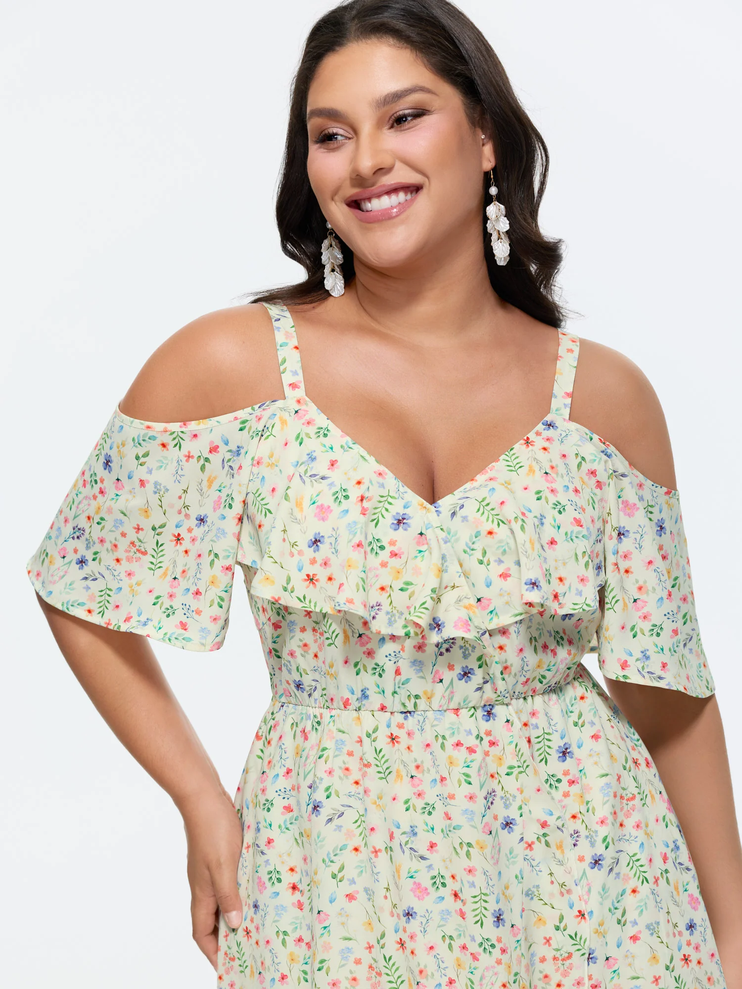 Ditsy Floral Pocket Wrap Cold Shoulder Ruffle Dress - Image 20
