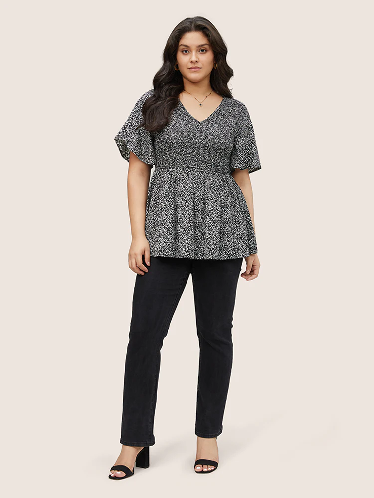 Ditsy Floral Shirred Ruffle Sleeve Elastic Waist Blouse - Image 2