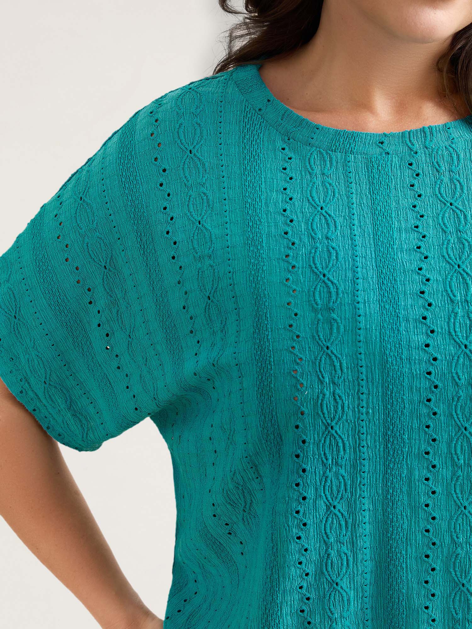 Eyelet Trim Stretchy Textured Plain Top - Image 10