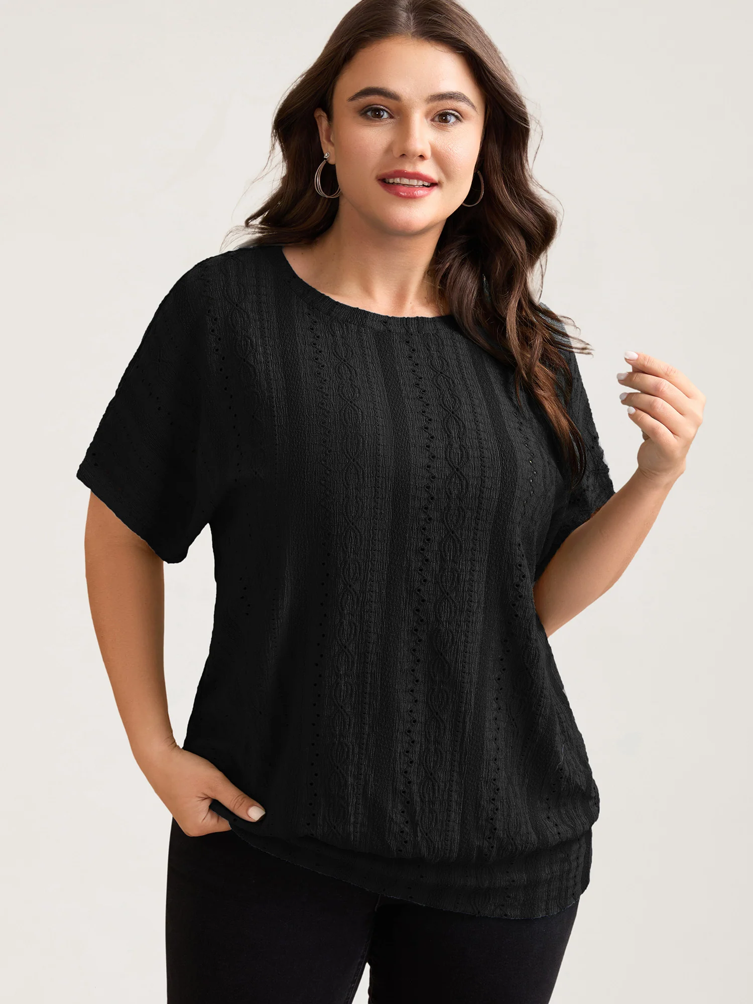 Eyelet Trim Stretchy Textured Plain Top - Image 13