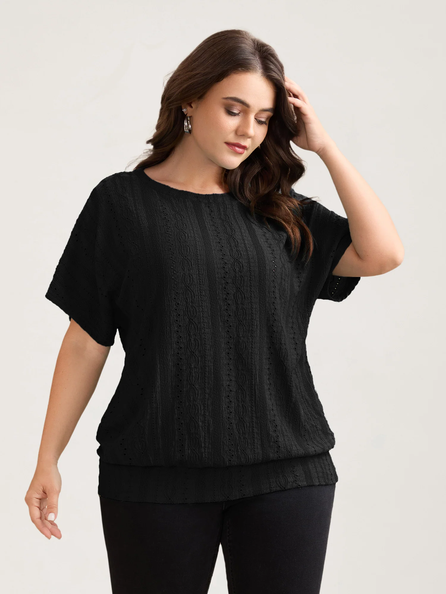 Eyelet Trim Stretchy Textured Plain Top - Image 14