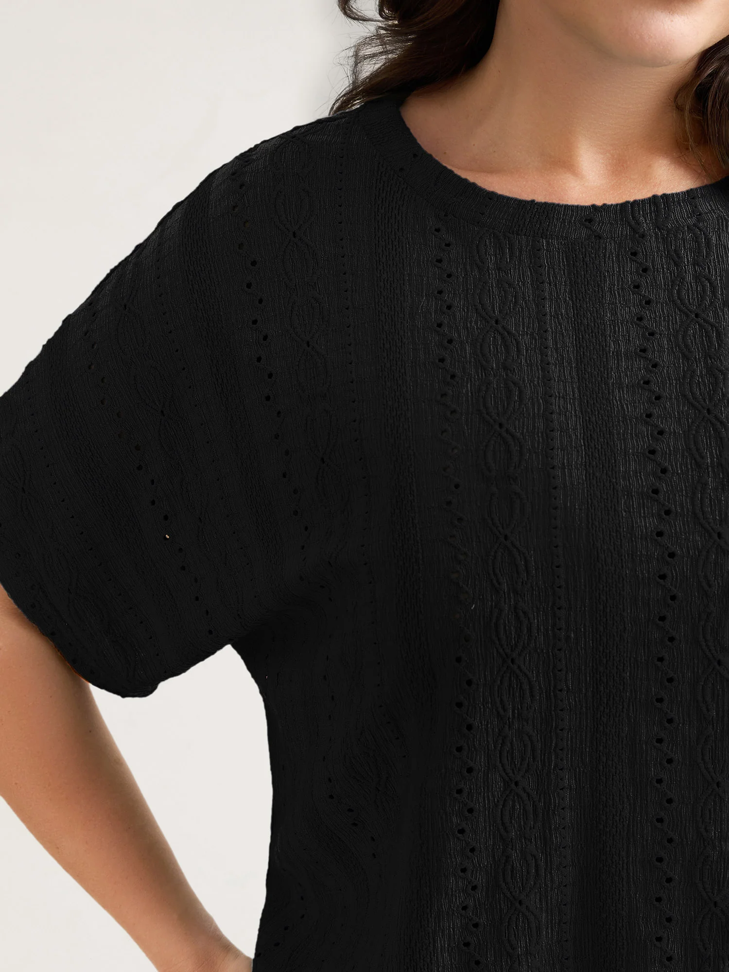 Eyelet Trim Stretchy Textured Plain Top - Image 17