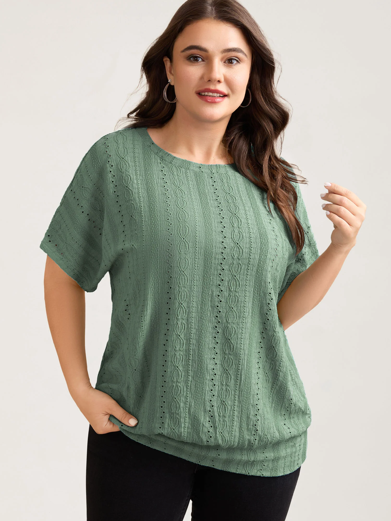 Eyelet Trim Stretchy Textured Plain Top - Image 18