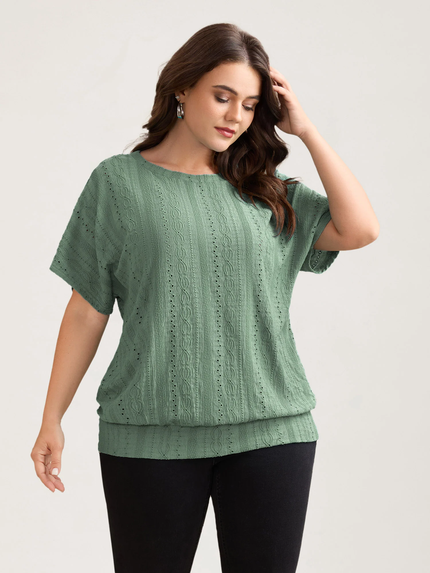 Eyelet Trim Stretchy Textured Plain Top - Image 19