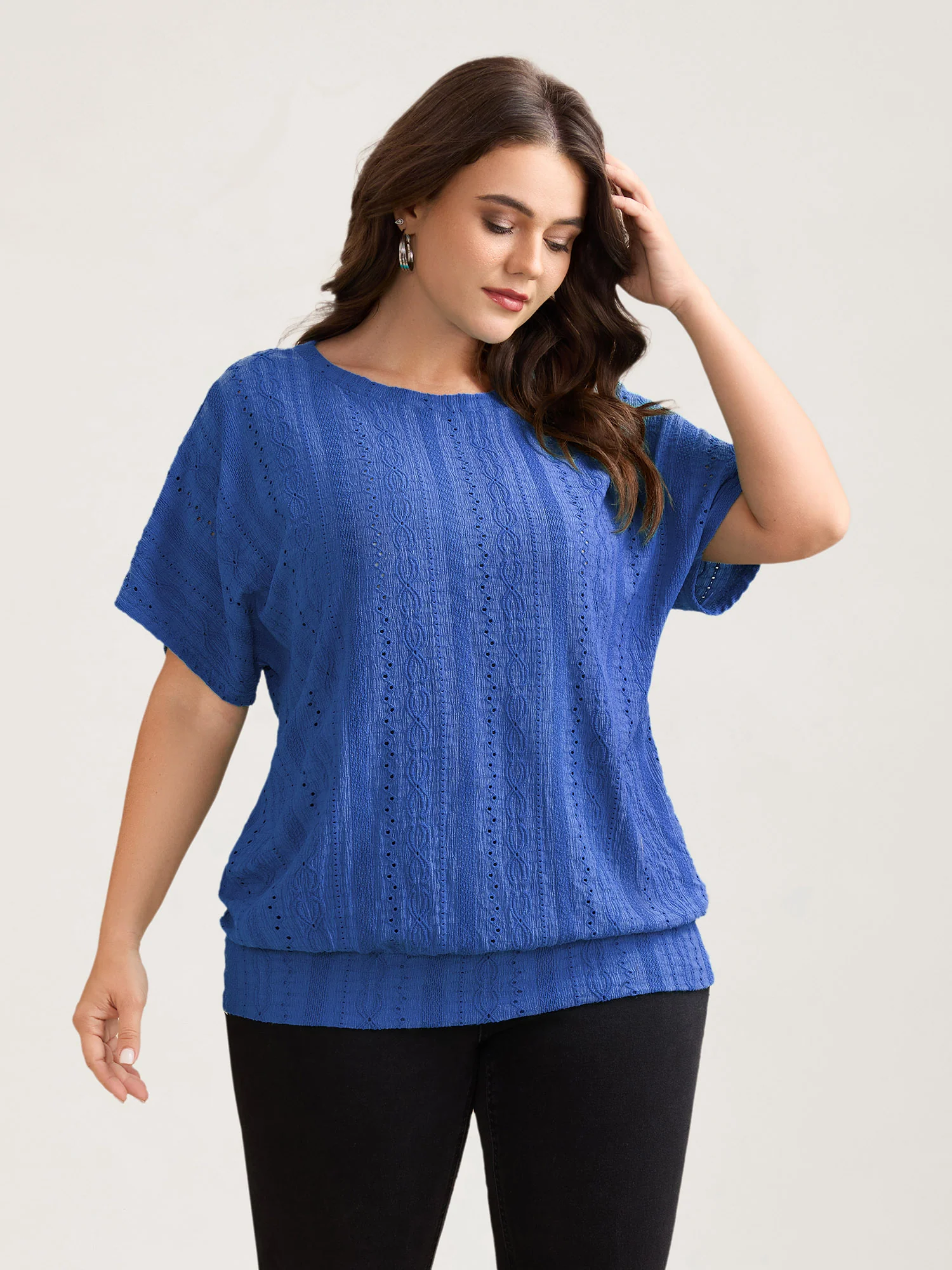 Eyelet Trim Stretchy Textured Plain Top - Image 3