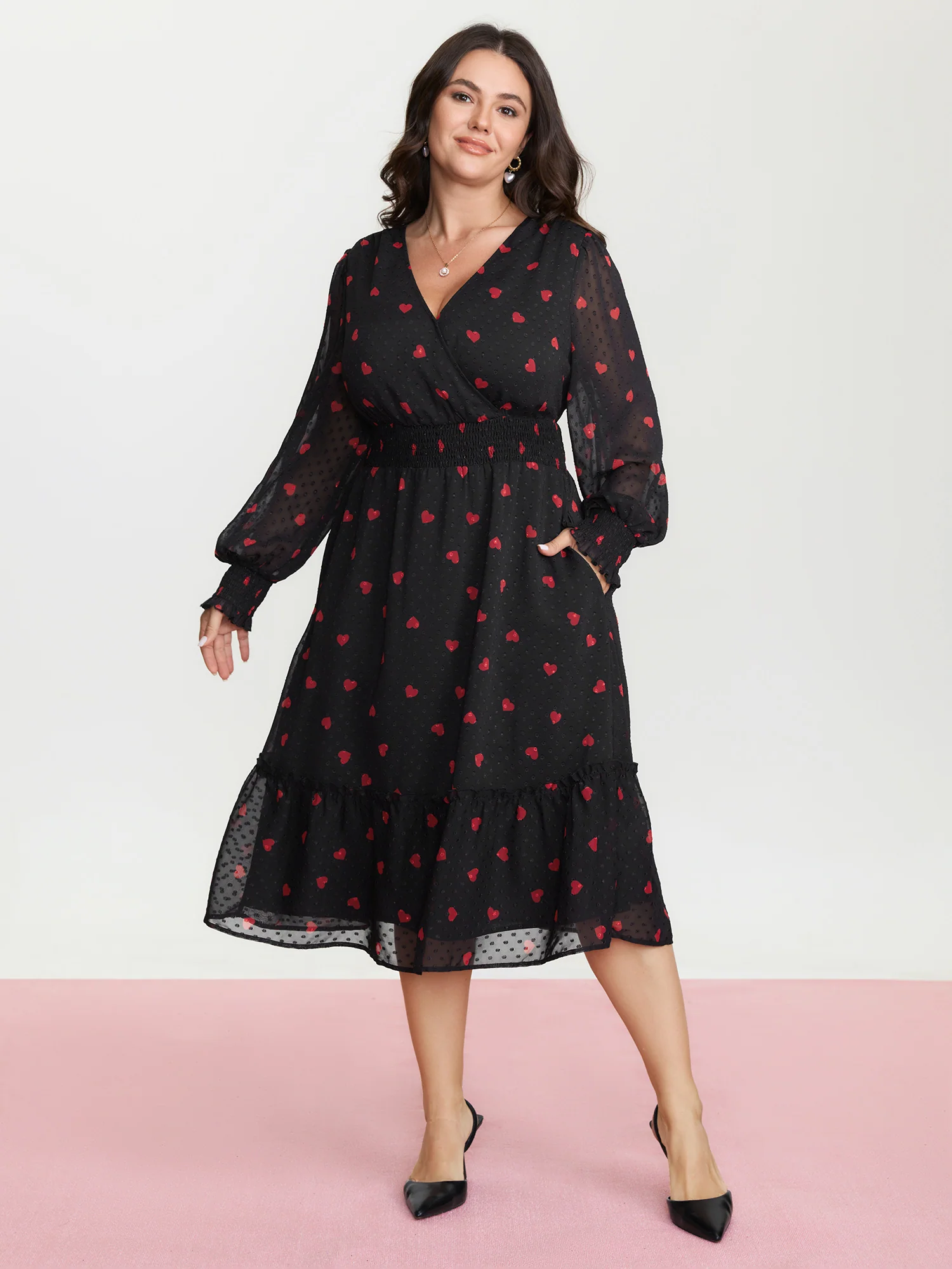 Fall in Love Print Shirred Waist Midi Dress