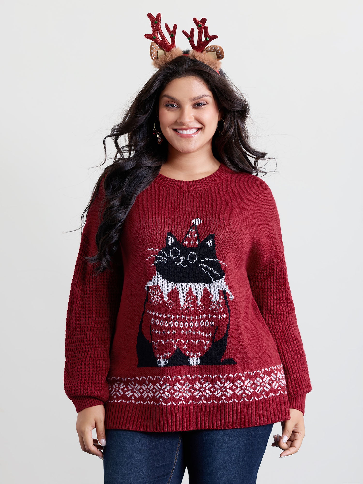 Festive Cat Micro Lantern Sleeve Pullover - Image 2