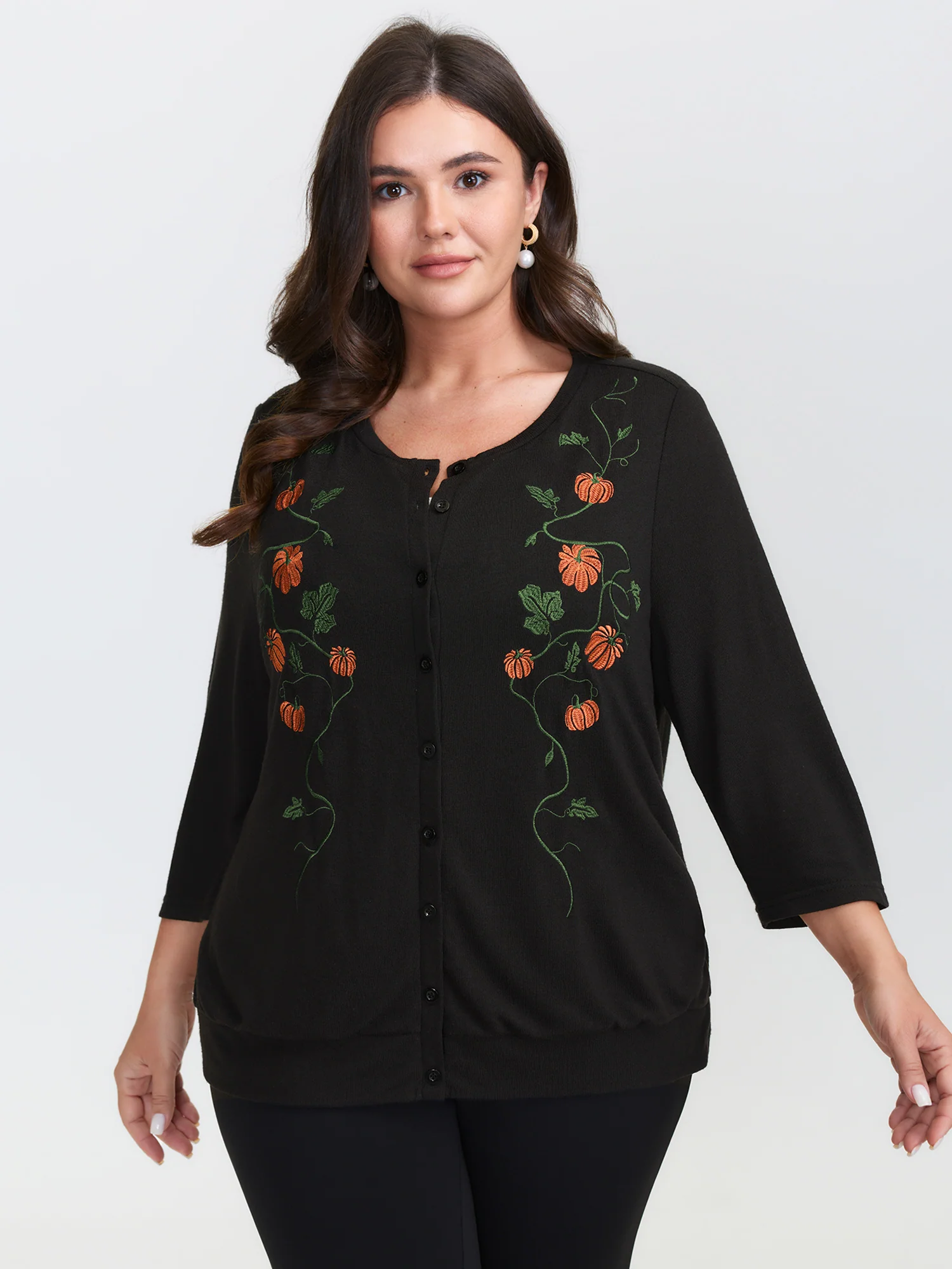 Floral Embroidered Stretch Knit Button Front Jacket - Image 4